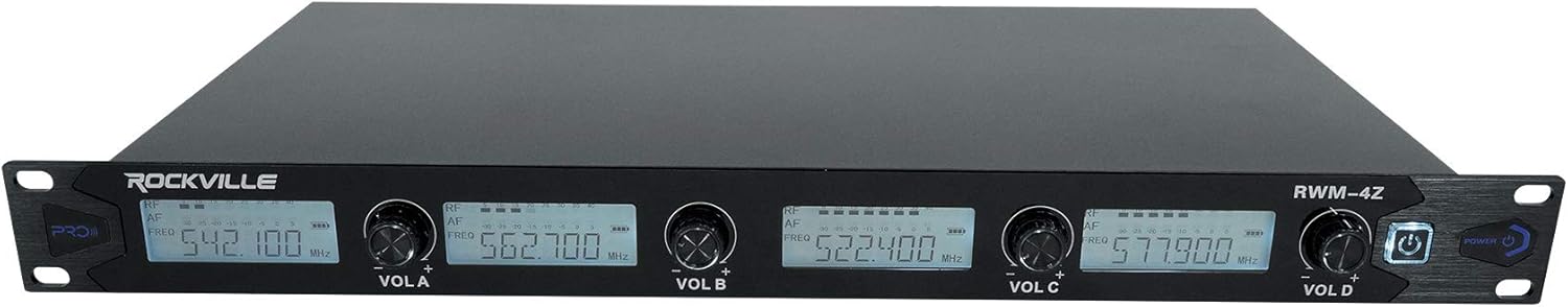 Rockville RWM-4Z Quad Wireless UHF Handheld/Headset Microphone System (4 Mics), 20 Adjustable Frequencies, LCD Display, Metal Build, for Karaoke and Live Events