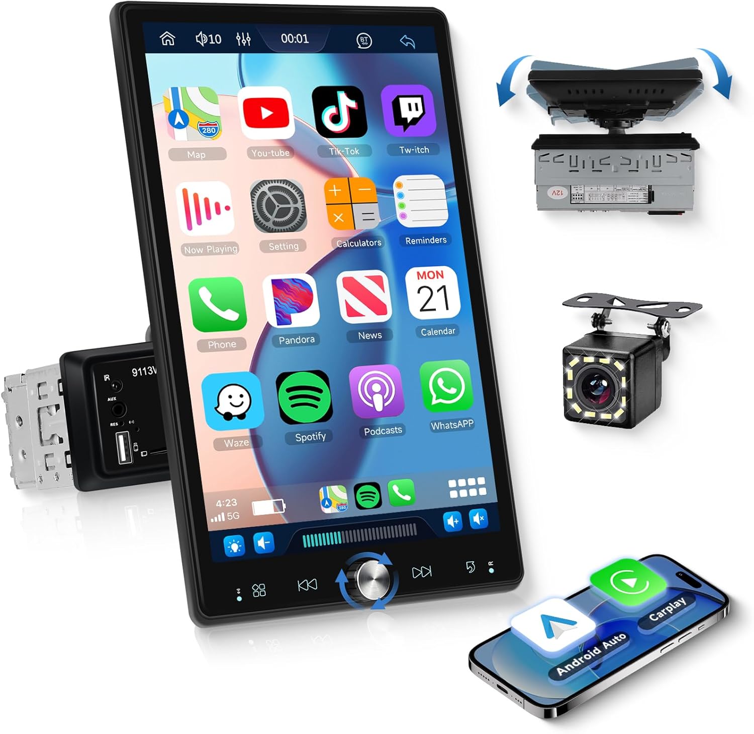 Single Din Car Stereo with Wireless Carplay/Android Auto,10.4