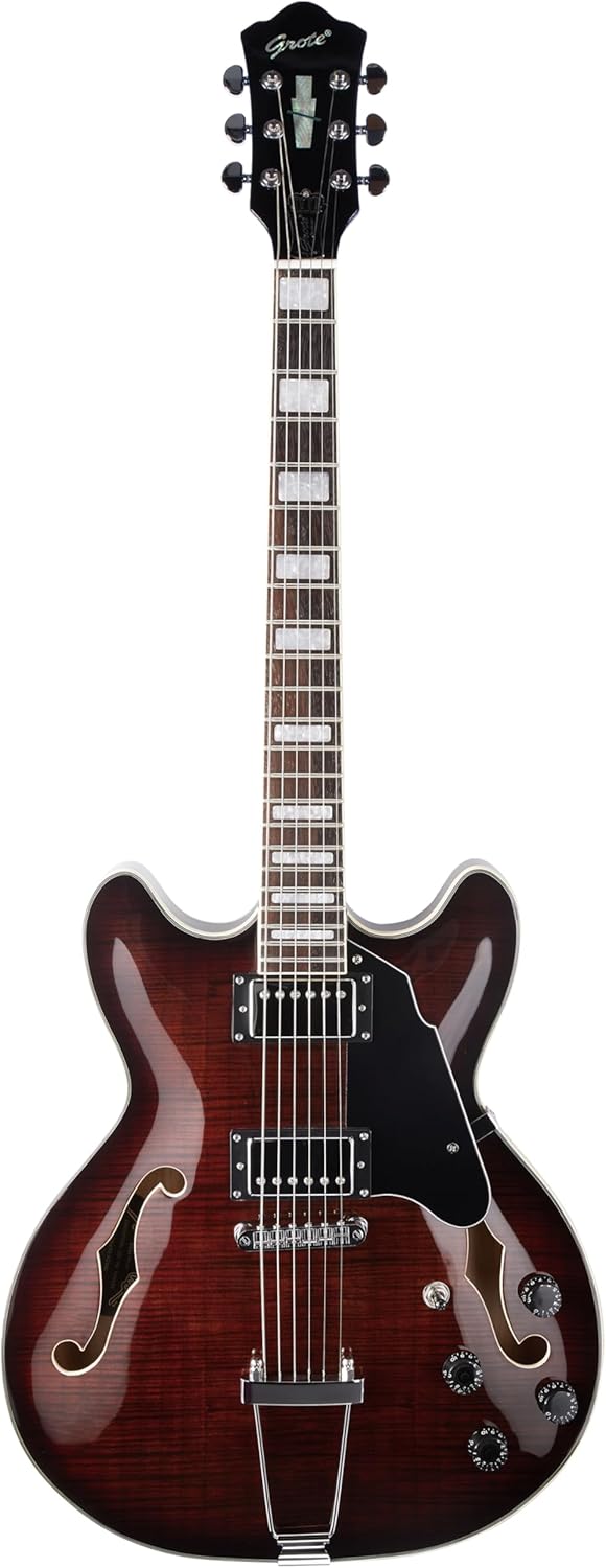 GROTE Jazz Electric Guitar Semi-Hollow Body Trapeze Tailpiece Bridge Guitar Gig Bag (Brown)