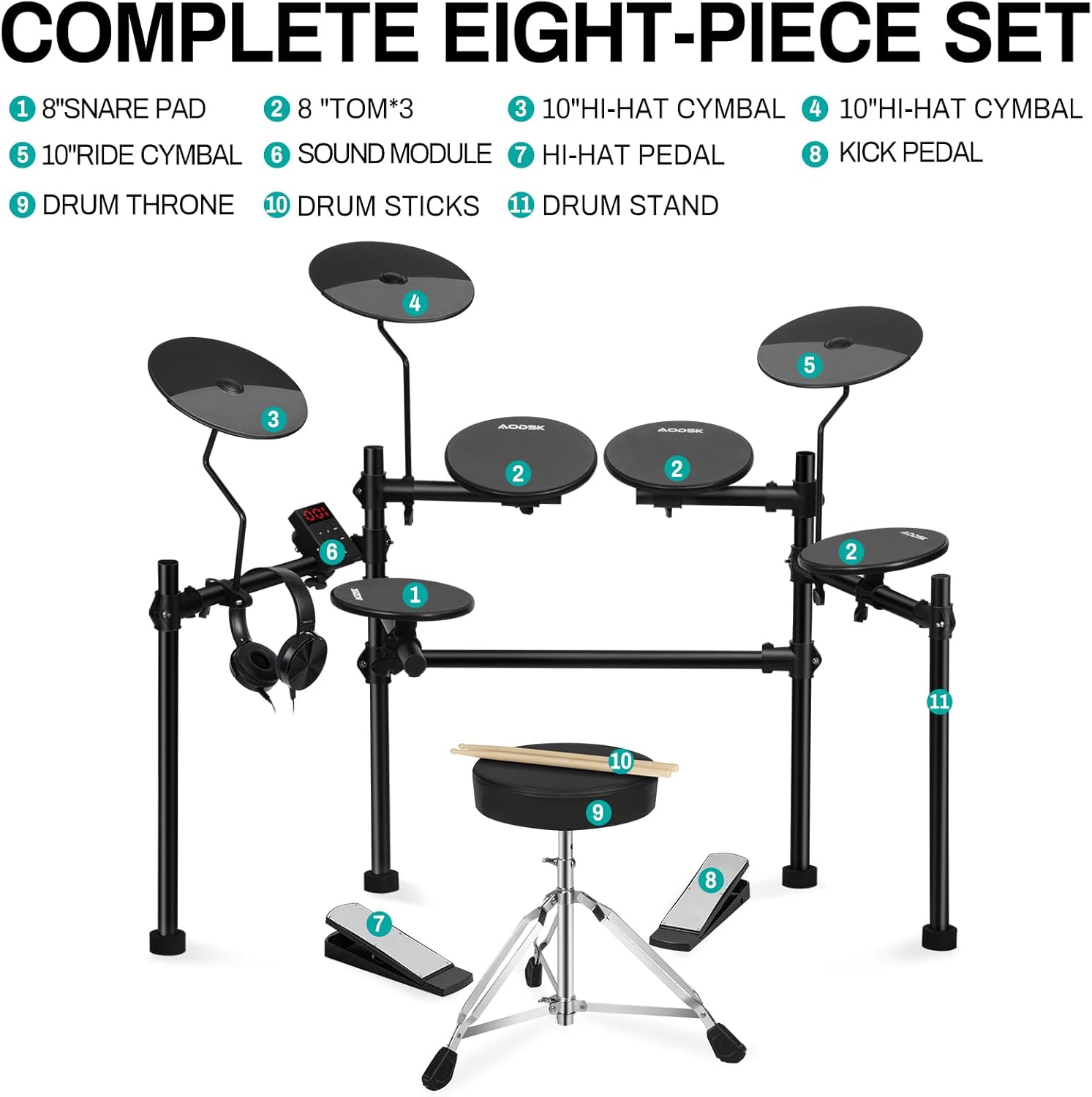 AODSK Electric Drum Set with 4 Quiet Drum Pads,Portable and Solid Drum Set for Beginner with 200 Sounds,2 Switch Pedal,Drum Throne,Drumsticks,Headphones (UAED-403TS)