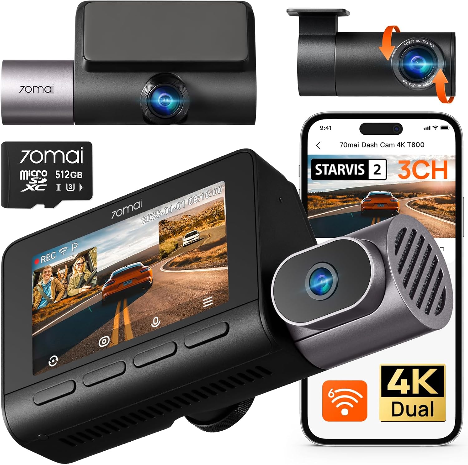 70mai 4K T800 3 Channel Dash Cam, Dash Cam Front and Rear Inside(2160P+2160P+1080P), STARVIS 2 IMX678, HDR Night Vision, Dash Camera for Cars with 512GB Card, WiFi 6, 4G LTE, ADAS, 24H Parking Mode