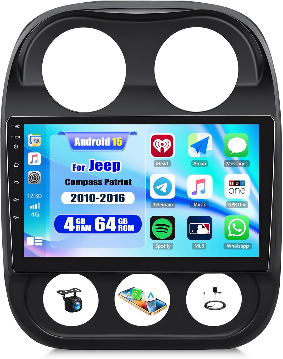 CAMECHO Android 15 (4G+64G) Car Stereo for Jeep Compass Patriot 2010-2016, 10.1