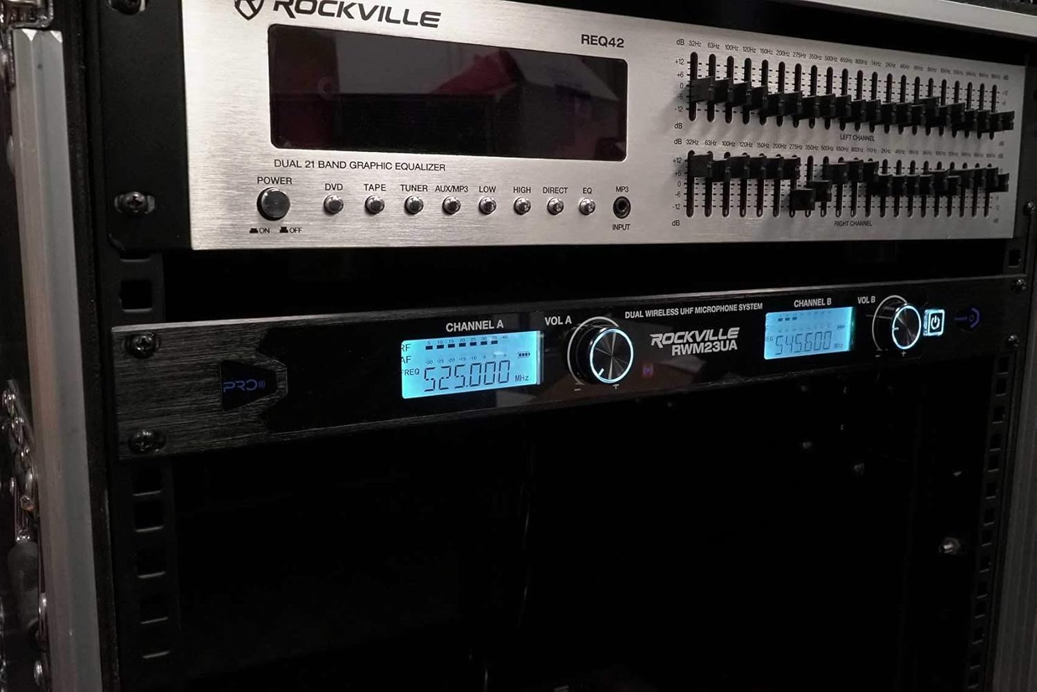 Rockville RWM23UA UHF Wireless Pro Rack Mount Dual Microphone System, 20 Channels, Long Range, Dual LCD Displays, Separate Outputs, for Karaoke and Live Performances