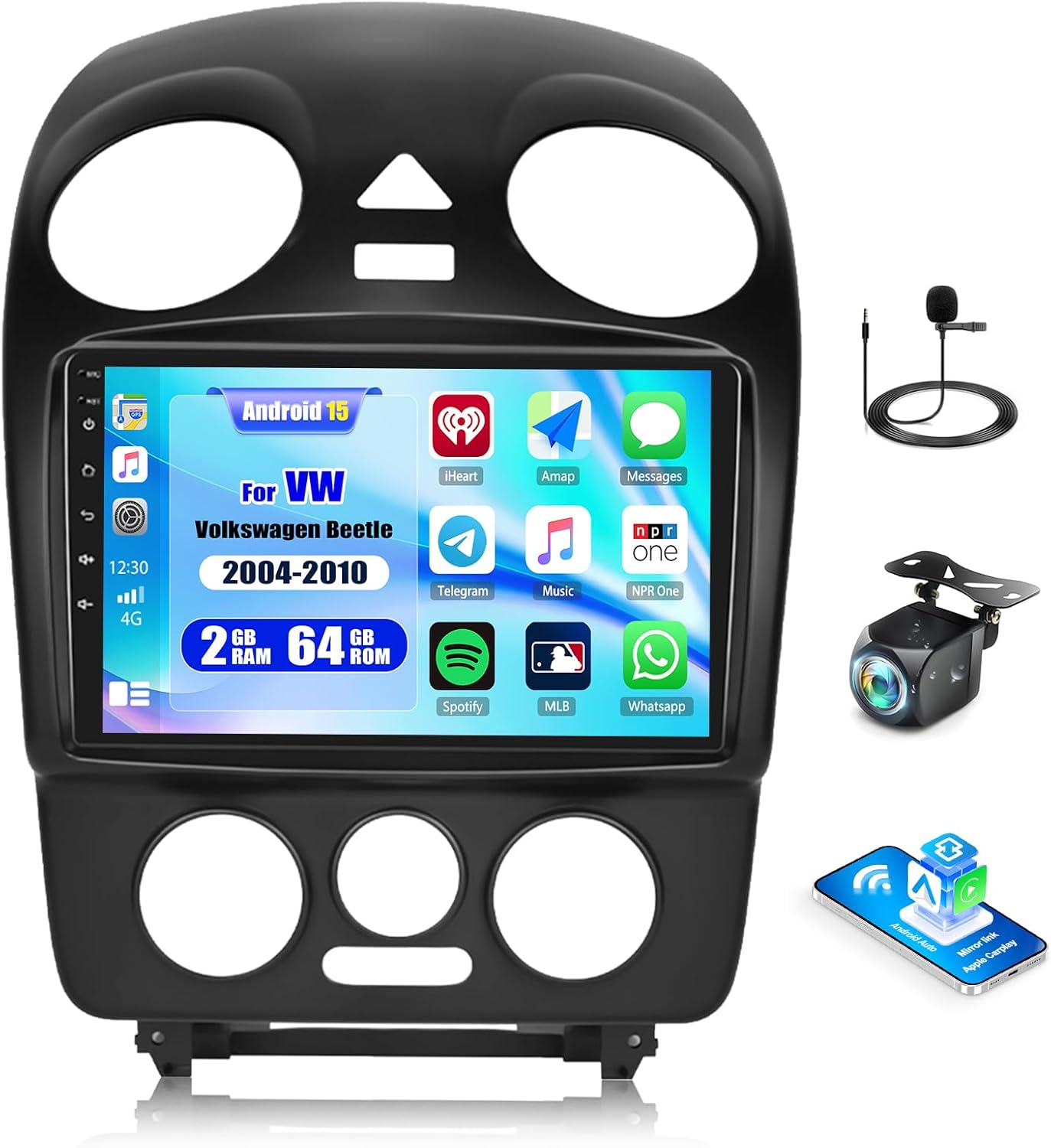 CAMECHO 2G+64G Android 15 Car Stereo for VW Volkswagen Beetle 2004-2010 9 Inch Touch Screen with Wireless CarPlay Android Auto Mirror Link 26UI Bluetooth FM GPS Navigation WiFi SWC Backup Camera