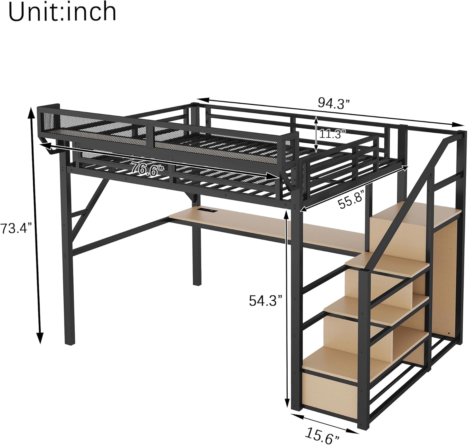 Full Size Metal Loft Bed (Black) - Patent Product | Desk+Charging Station (2 Outlets/2 USB), Staircase Storage+Wardrobe, RGB LED, Upper Mesh Shelf, 350LBS Capacity, No Box Spring
