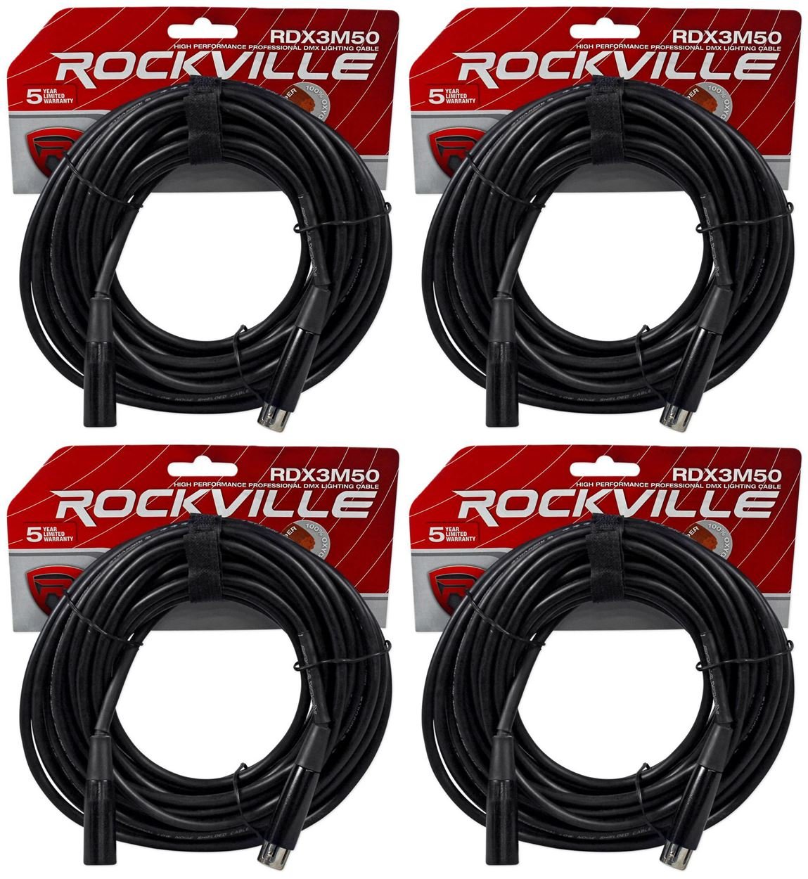 (4) Rockville RDX3M50 50 Foot 3 Pin DMX Lighting Cables 100% OFC Female to Male