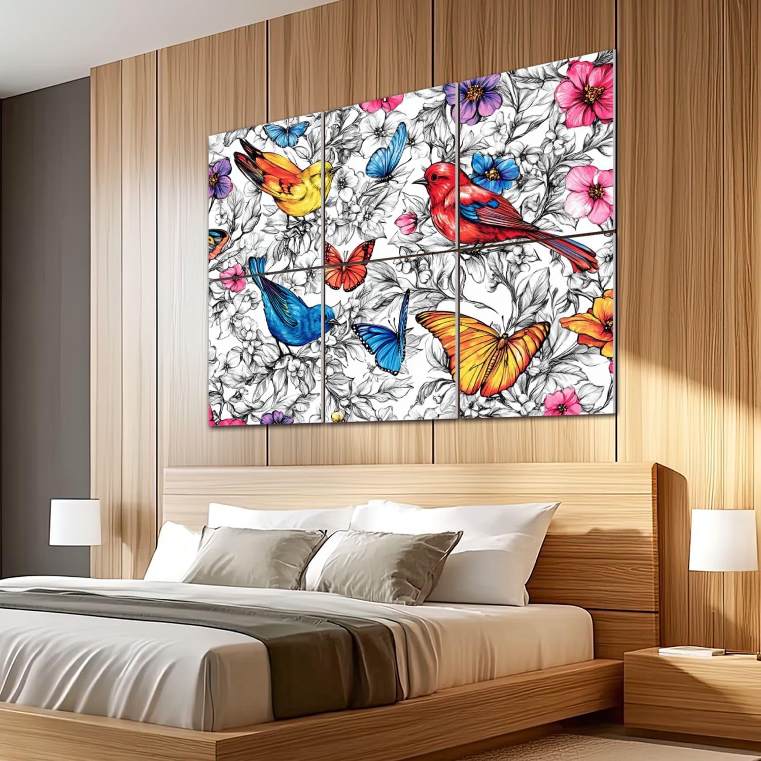 6 Pack Art Acoustic Panels Sound Absorbing Black And White Floral Birds Butterflies Flowers Leaves Branches Hand Decorative Soundproof Wall Panels Self Adhesive for Recording Studios Office 72