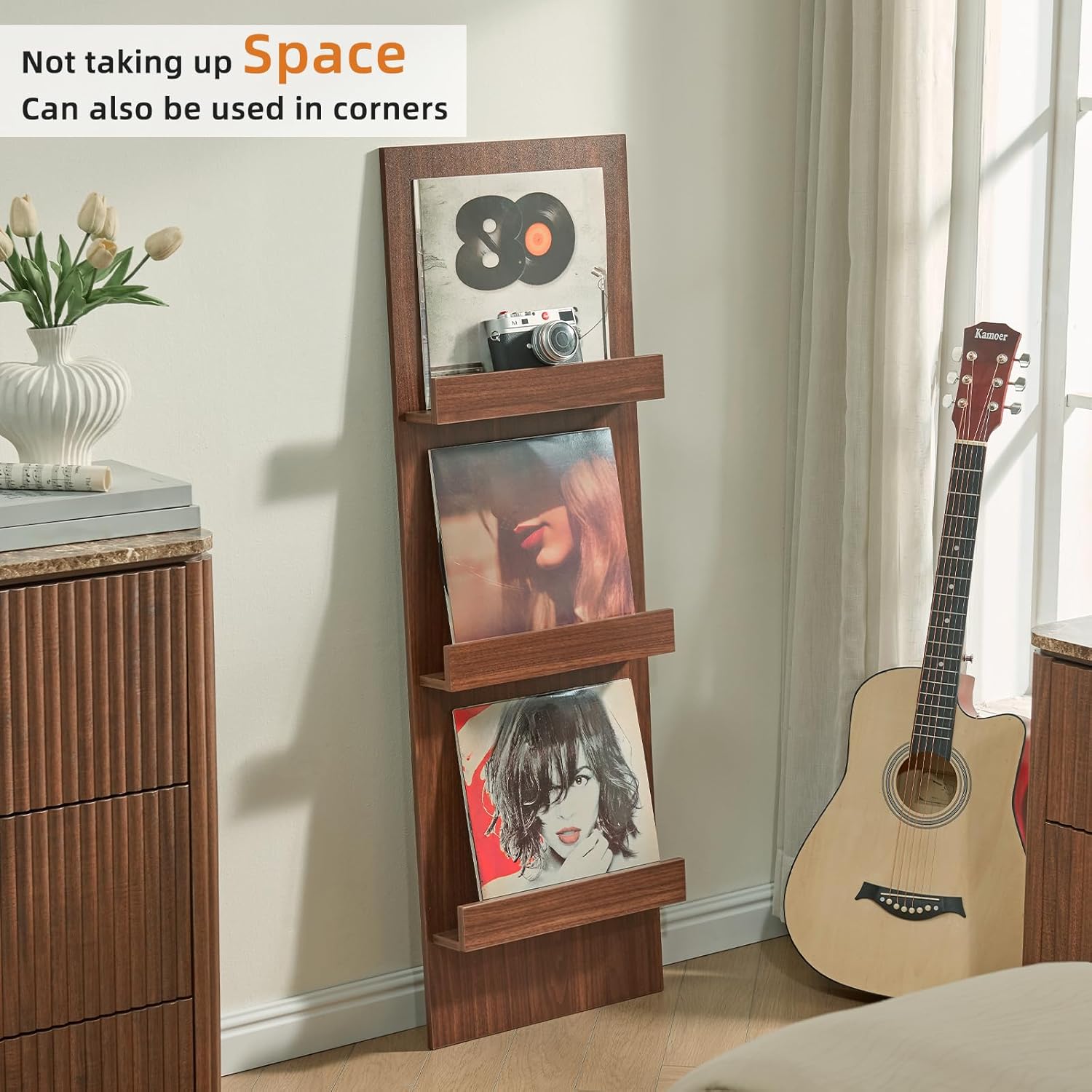 LELELINKY Wall Mount Vinyl Record Holder Set of 2 with 3 Tier Display Area, 47.5'' Tall Record Storage Magazine Holder, Book Shelf Holder Holds Up to 15 Vinyls Albums/CD for Music Room, Living Room