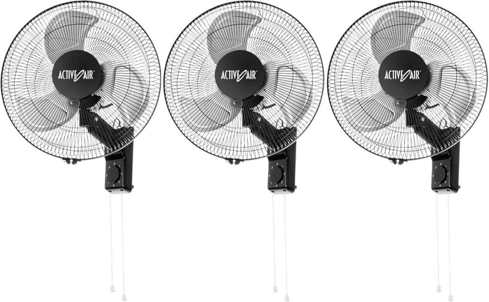Hydrofarm Active Air ACFW16HDB Heavy-Duty 16-Inch 3-Speed Industrial Metal Wall Mount Tilting Fan, Black, 3 Pack