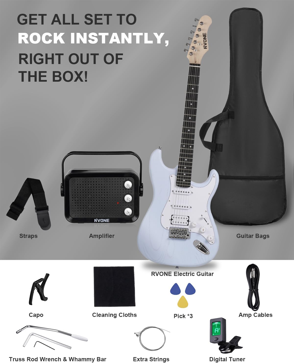 RST-150 39”Beginner Electric Guitar Kit with Amplifier, Classic HSS Pickup, Electric Guitar with Gig Bag, Capo, Strap, Extra Strings, Digital Tuner, 3 Picks, Cleaning Cloths (1-Blue)