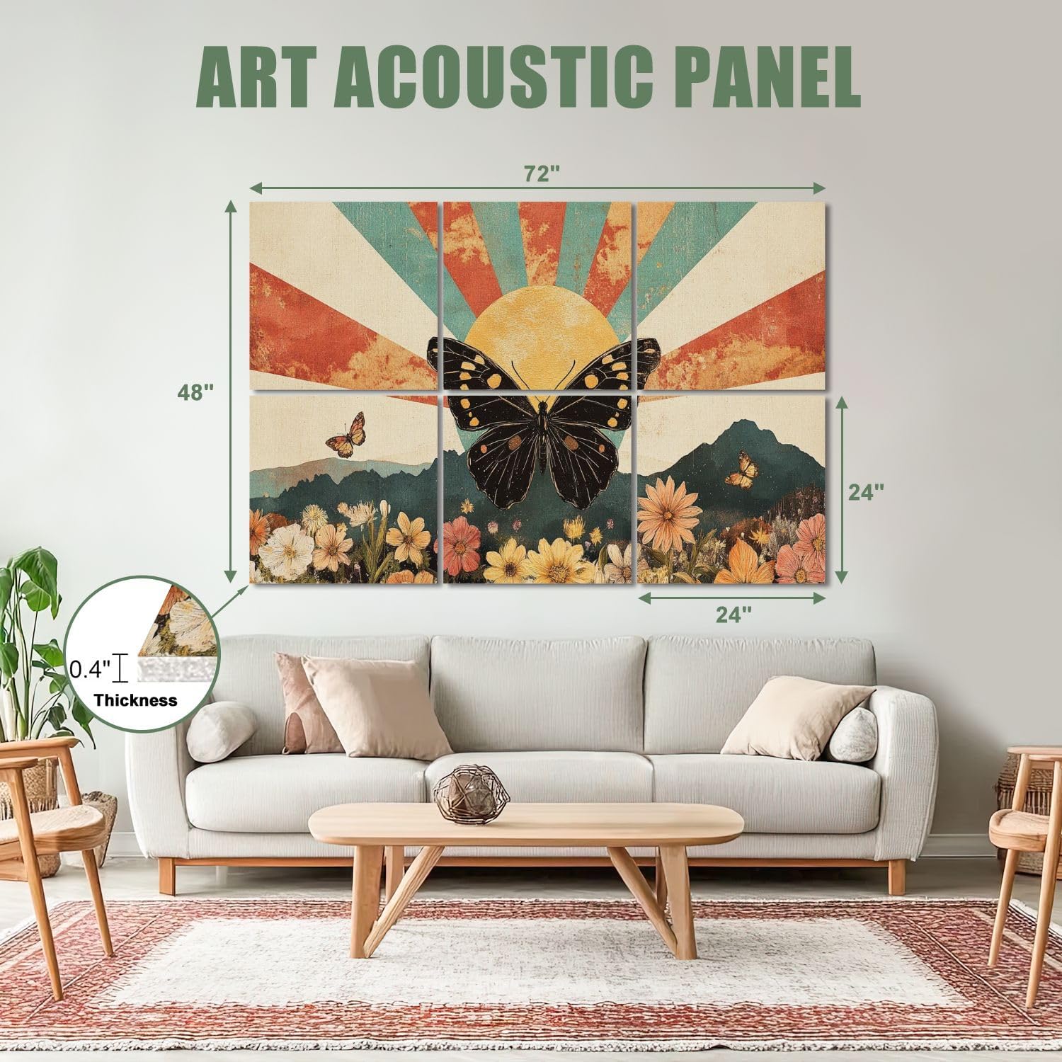 6 Pack Art Acoustic Panels Sound Absorbing Mid Century Modern Abstract Bohemian Sunset Mountains Watercolor Decorative Soundproof Wall Panels Self Adhesive for Recording Studios Office 72