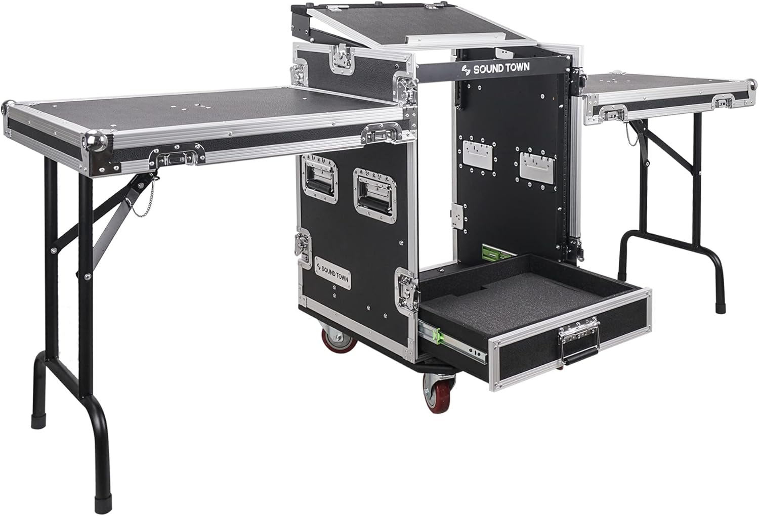 Sound Town 14U PA DJ Pro Audio Rack/Road ATA Case with 2U Drawer, 11U Slant Mixer Top, Two DJ Work Tables, Casters, Pro Tour Grade (MR-DR14UT2)
