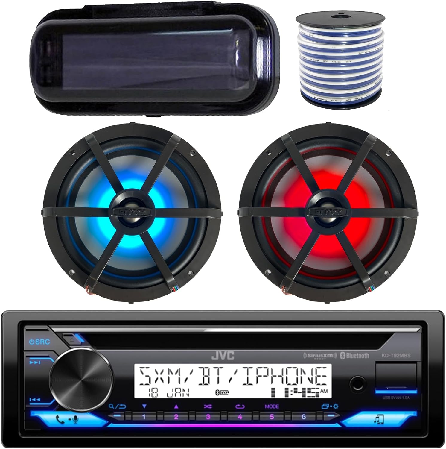 JVC In-Dash Marine Boat Bluetooth Radio USB Receiver Bundle Combo with Pair of Enrock 6.5