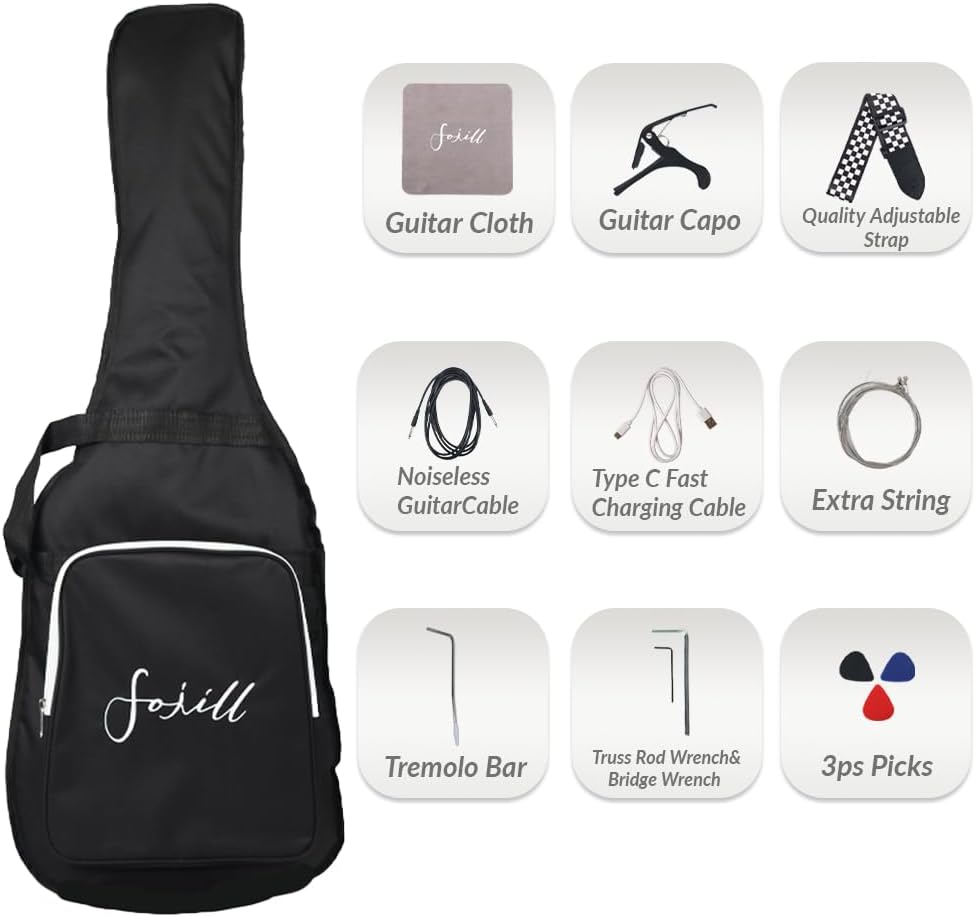 Fojill Heavy Metal Cool Shape Electric Guitar Kit Set Beginner Starter Combo Package Bundle 10W Battery Power Bluetooth Amplifier Amp,Accessory 600D gig Bag,Picks, Cable, Strap, Extra Strings