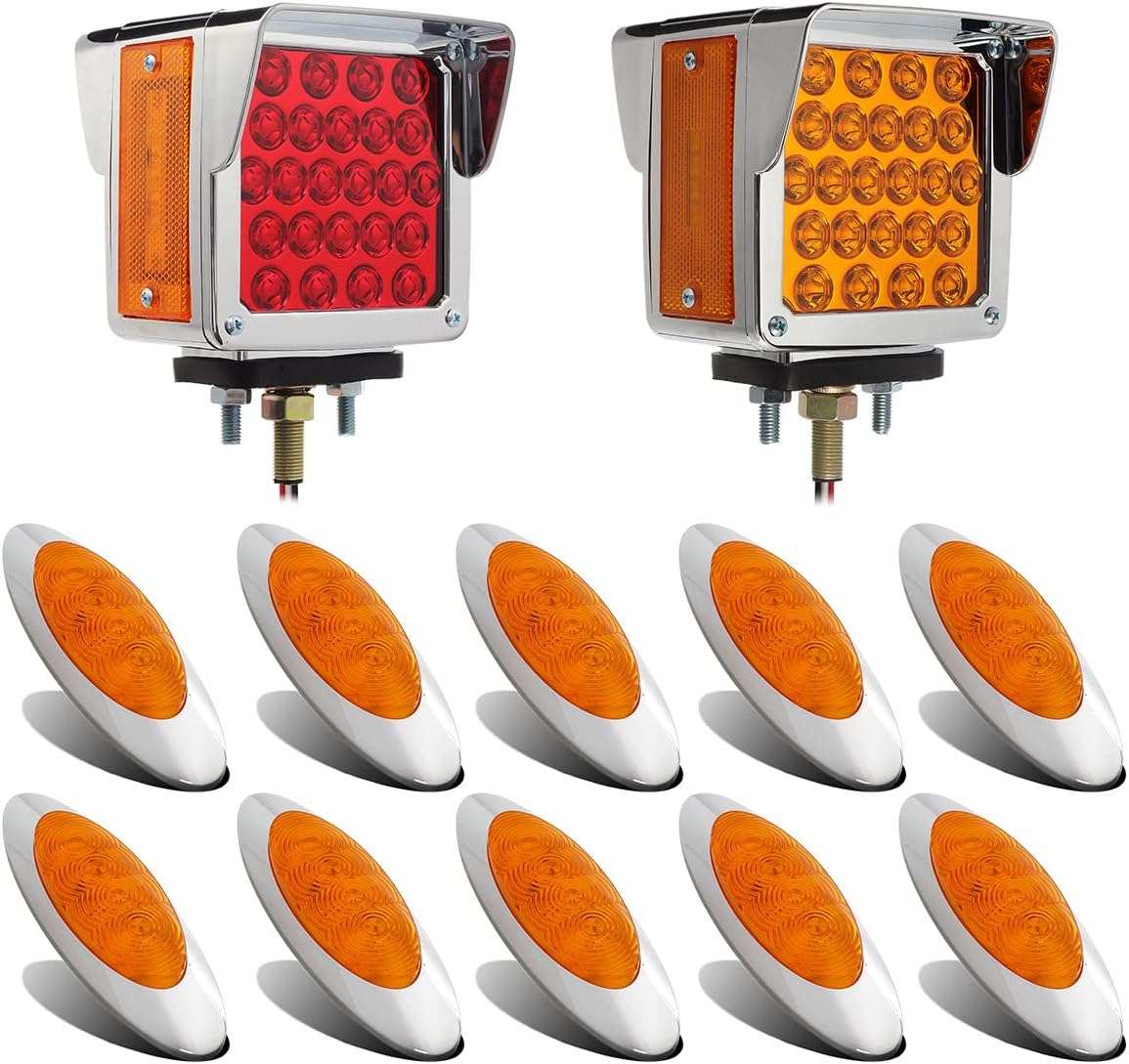 Partsam Pair Truck Trailer 52 LED Red/Amber Square Double Face Pedestal Fender Stop Turn Tail Lights Three Stud Mount Bezel Visor+10Pcs 6-5/8 Amber Led Side Marker Lights 4LED Chrome