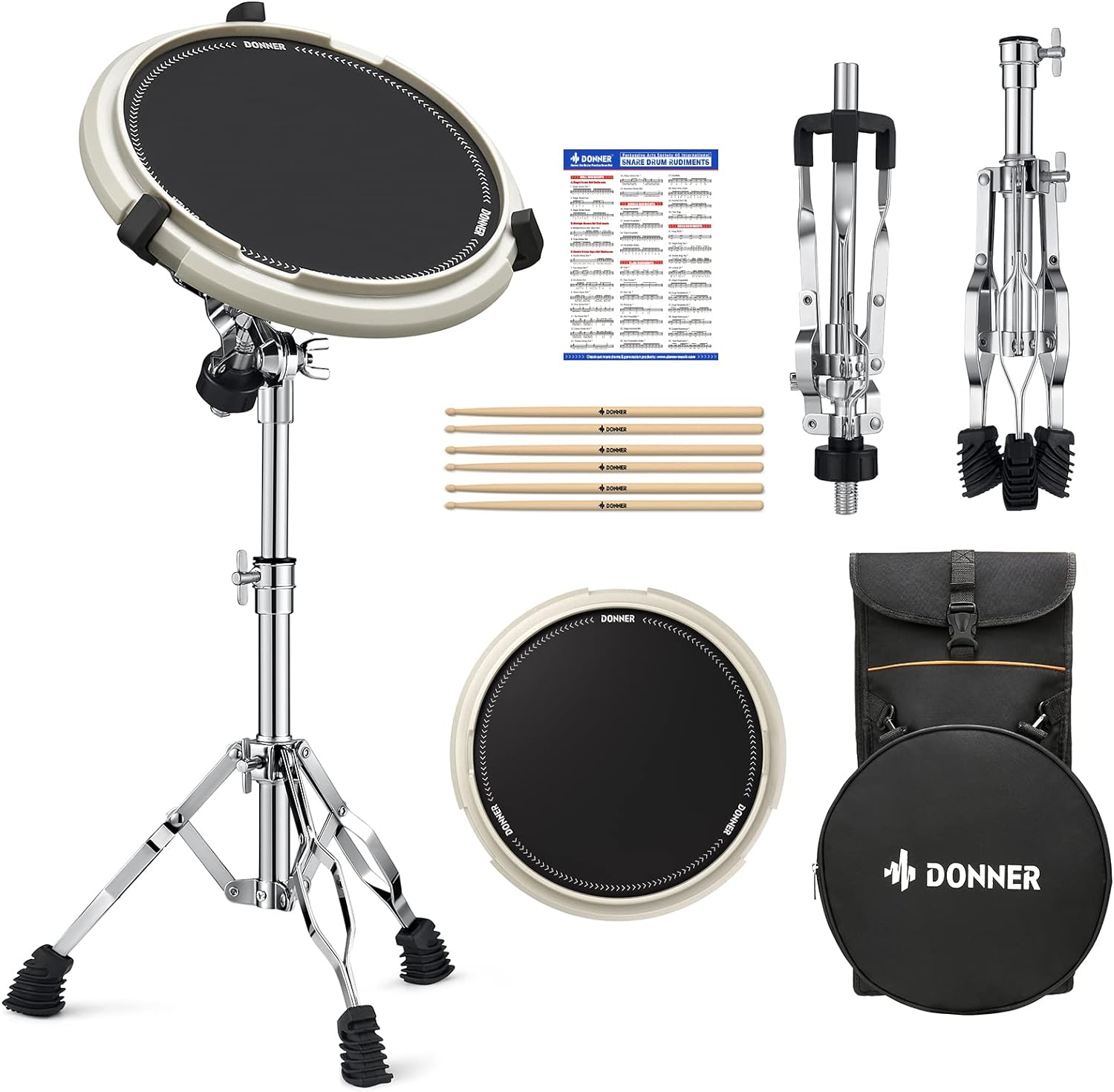 Donner Drum Practice Pad & Stand Kit with 12'' Silent Marching Pad, Drumsticks, Backpack - Adjustable Fits 10''-14'' Drums (White)