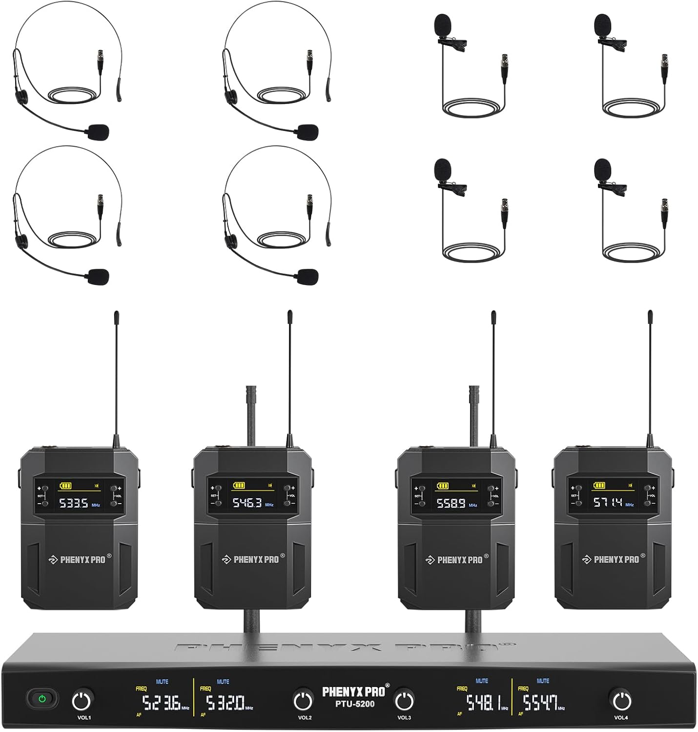 Phenyx Pro Wireless Microphone System, 4-Channel Wireless Mic Set w/ 4 Bodypacks and Headsets/Lapel Mics, 4x25 UHF Frequencies, 200ft Coverage, Cordless Microphone for Singing, Church (PTU-5200-4B)