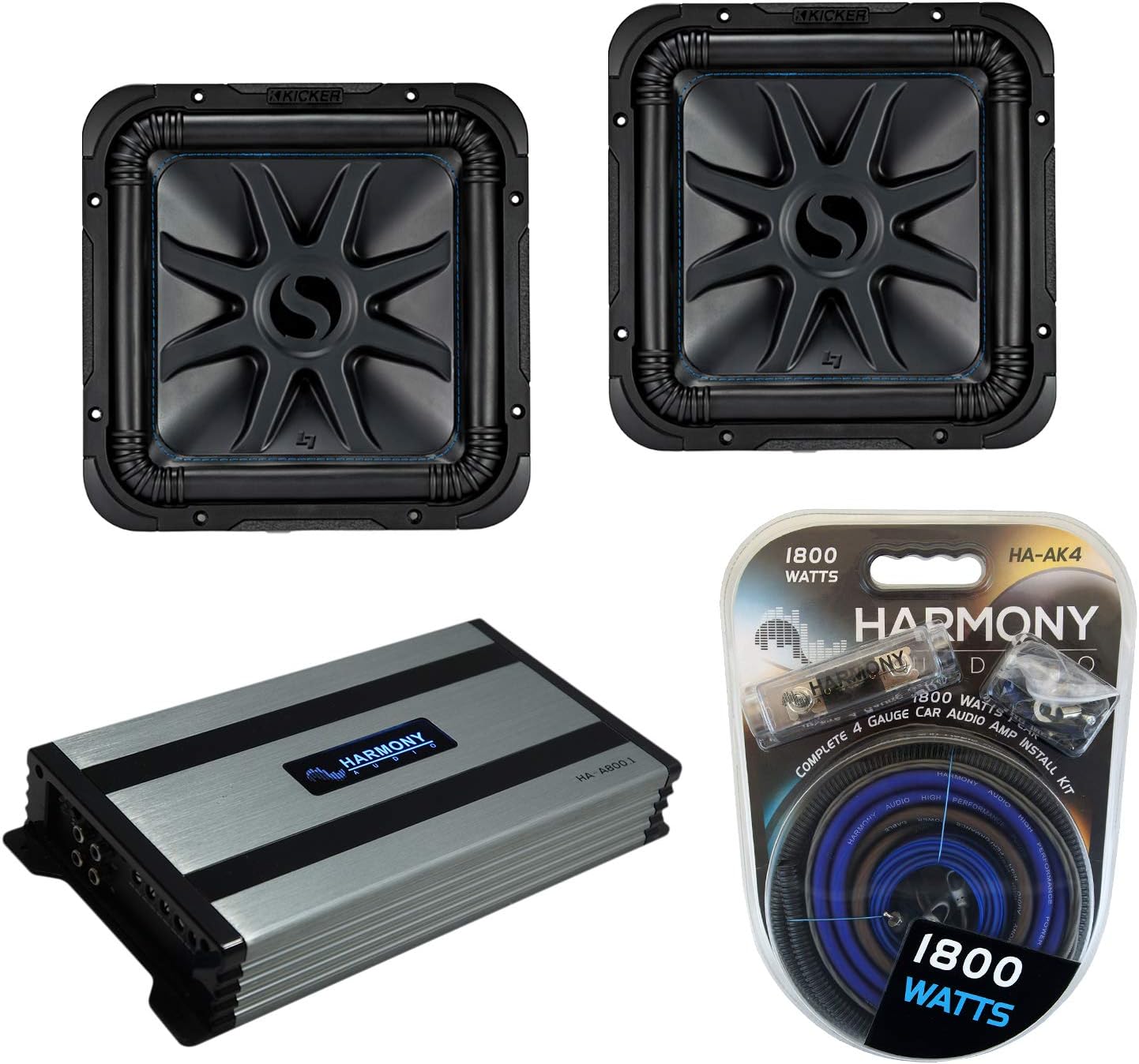 Harmony Audio Kicker (2) L7S12 Car Audio Solo-Baric 12 Subwoofer Square L7 Sub 44L7S122 Bundle with HA-A800.1 Amplifier & Amp Kit