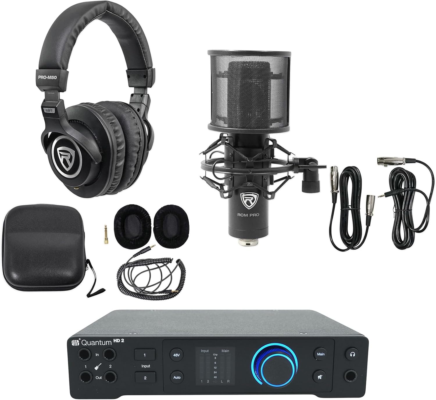 Audiosavings Bundle: (1) Presonus Quantum HD2 USB-C Audio Recording Interface Bundle with (1) Rockville RCM PRO Studio/Recording Condenser Microphone, (1) Rockville PRO-M50 Studio Headphones (3 Items)