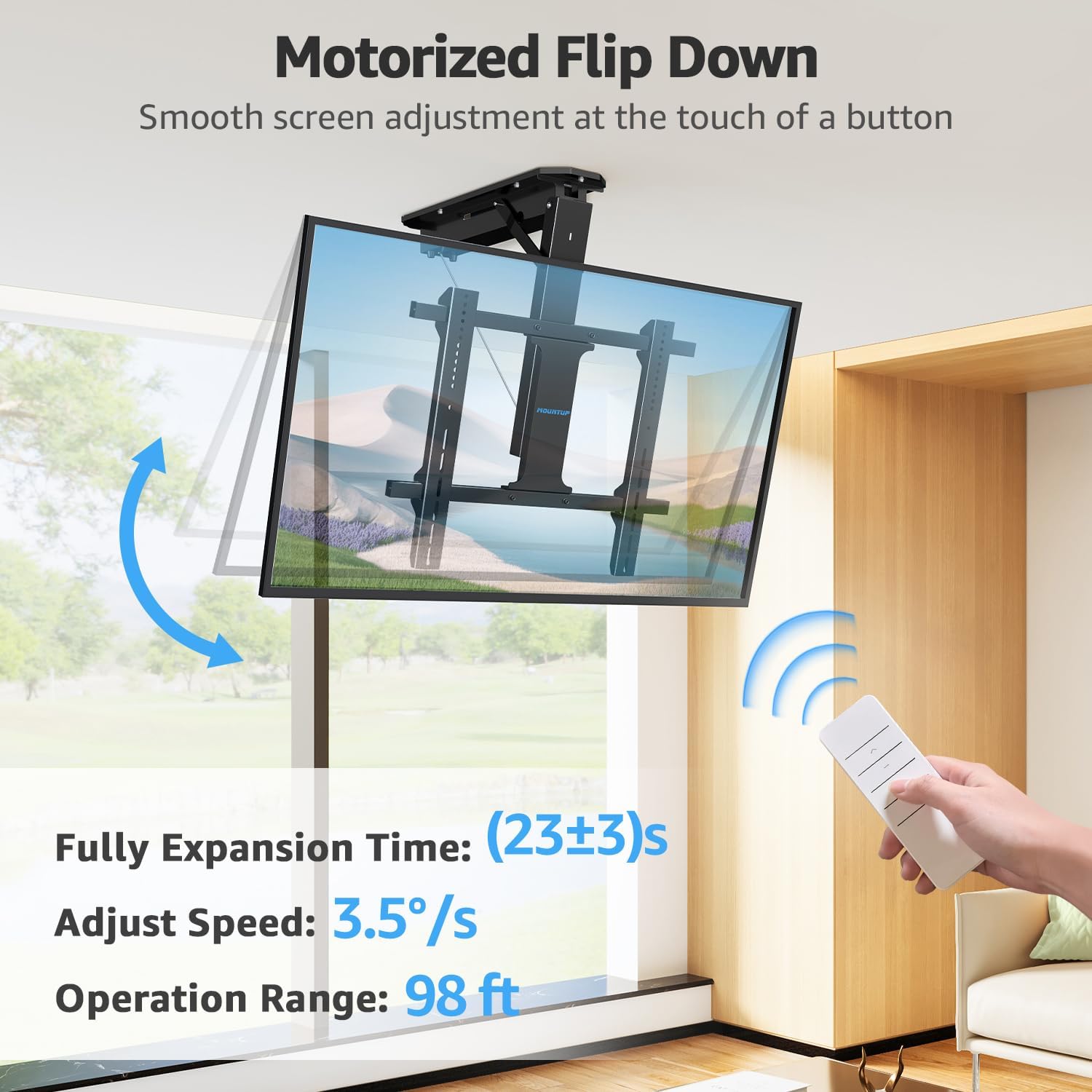 MOUNTUP MU0076 Long Arm TV Wall Mount Bundle MU2501 Flip Down Ceiling TV Mount with Remote