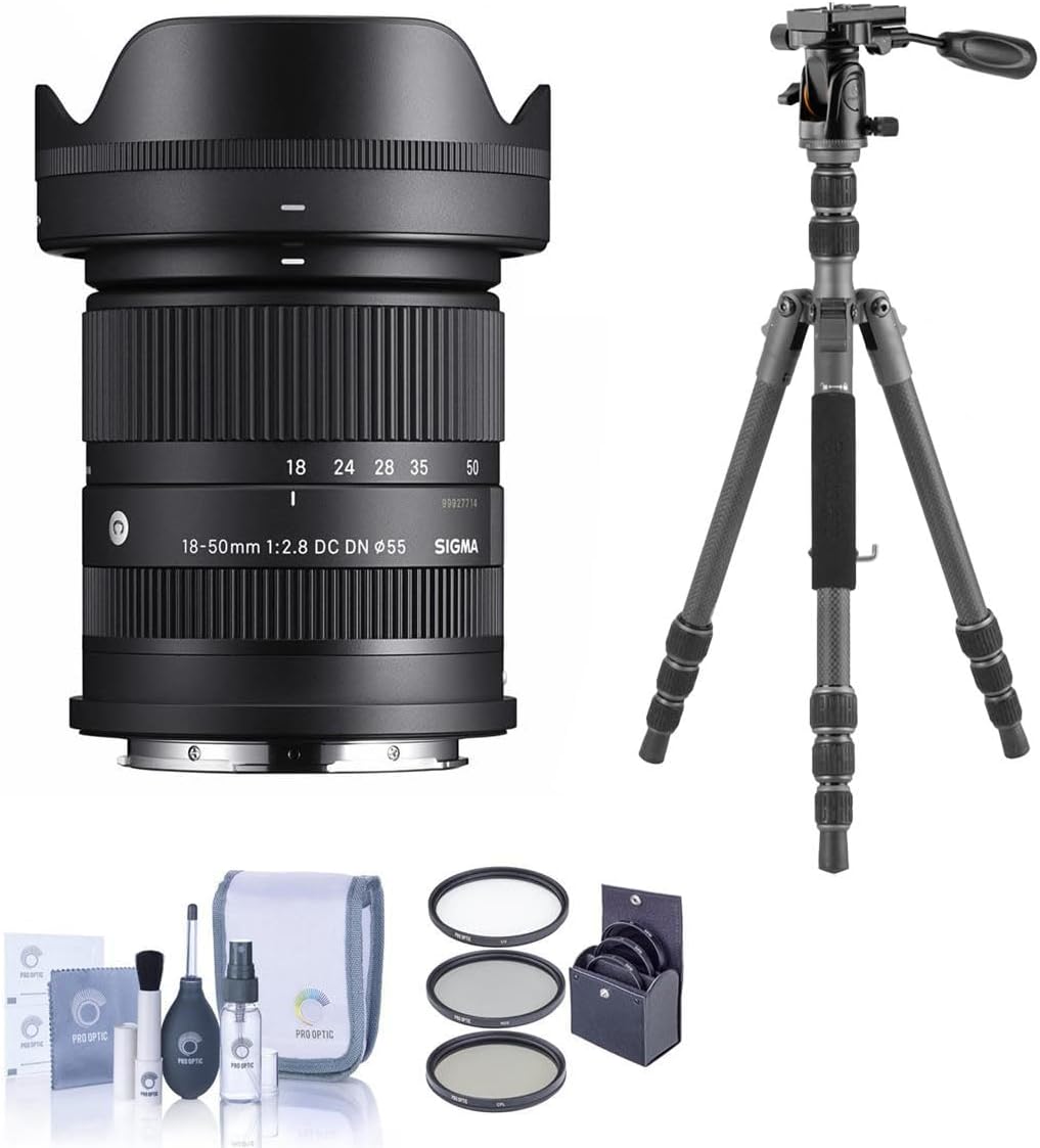 Sigma 18-50mm f/2.8 DC DN Contemporary Lens for Sony E, Bundle with Vanguard VEO 3 GO 235AB Al Travel Tripod with T-50 Ball Head, 55mm Filter Kit, Cleaning Kit