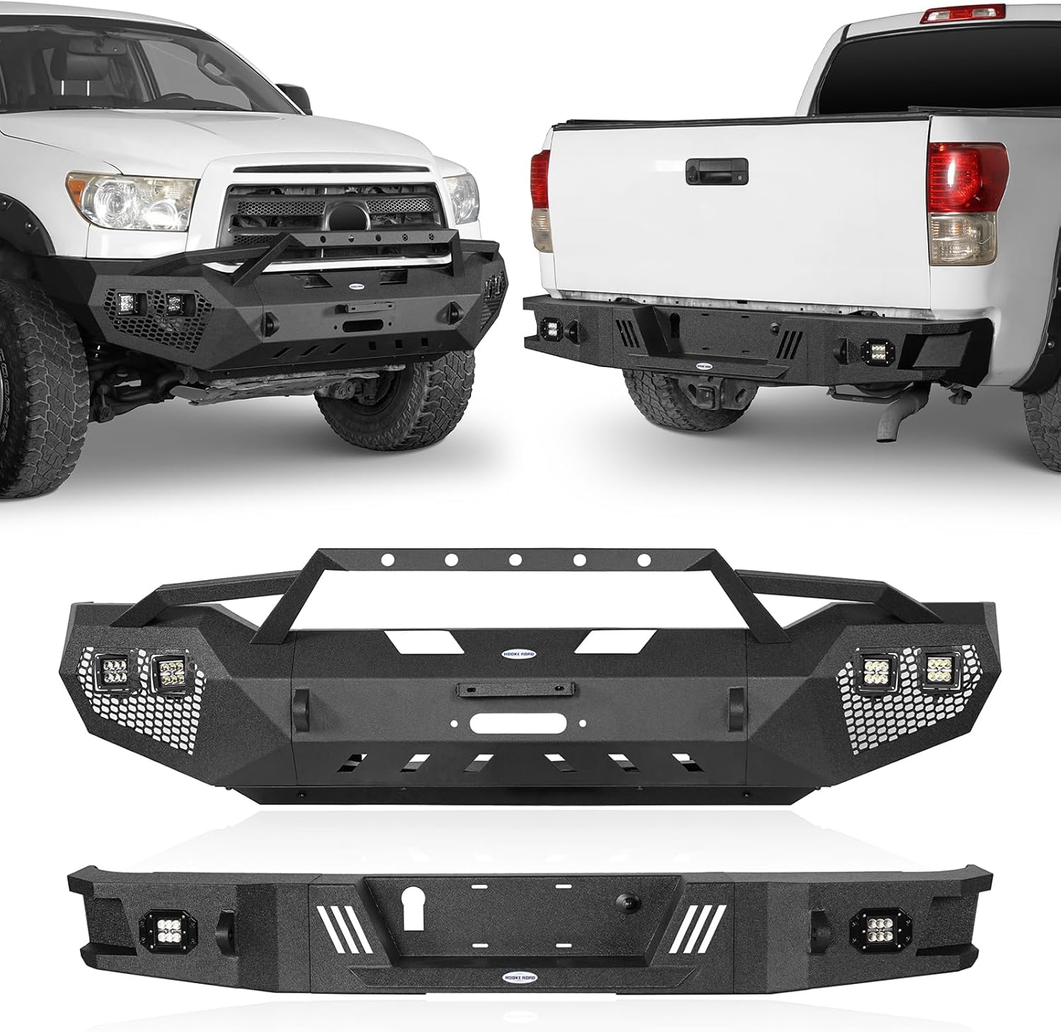Hooke Road Tundra Steel Front & Rear Step Bumper Combo w/D-Rings & LED Lights for Toyota Tundra 2007 2008 2009 2010 2011 2012 2013