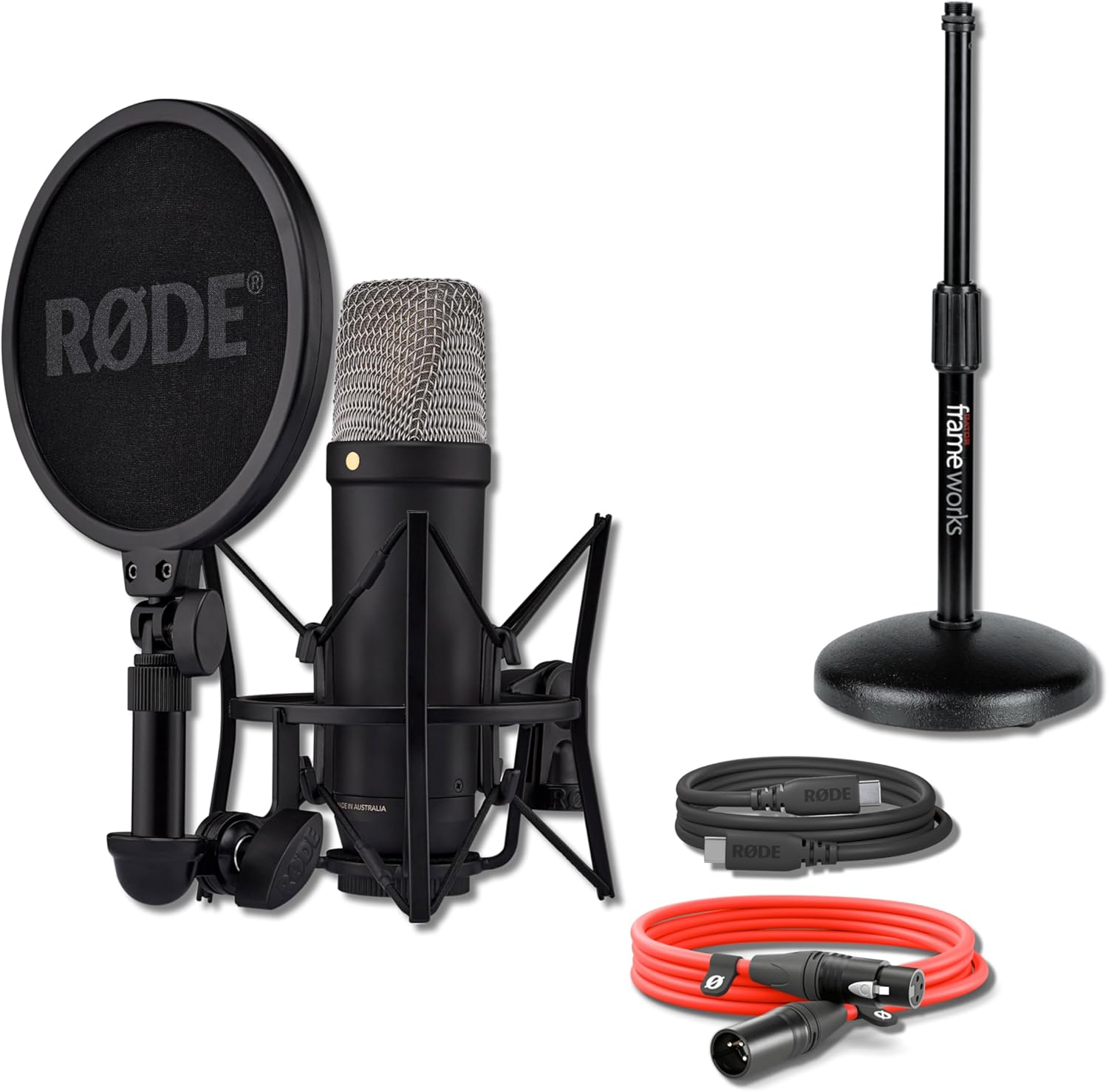 Rode NT1 5th Generation Condenser Microphone (Black) with GFW-MIC-0501 Round Base Desktop Mic Stand and XLR Cable