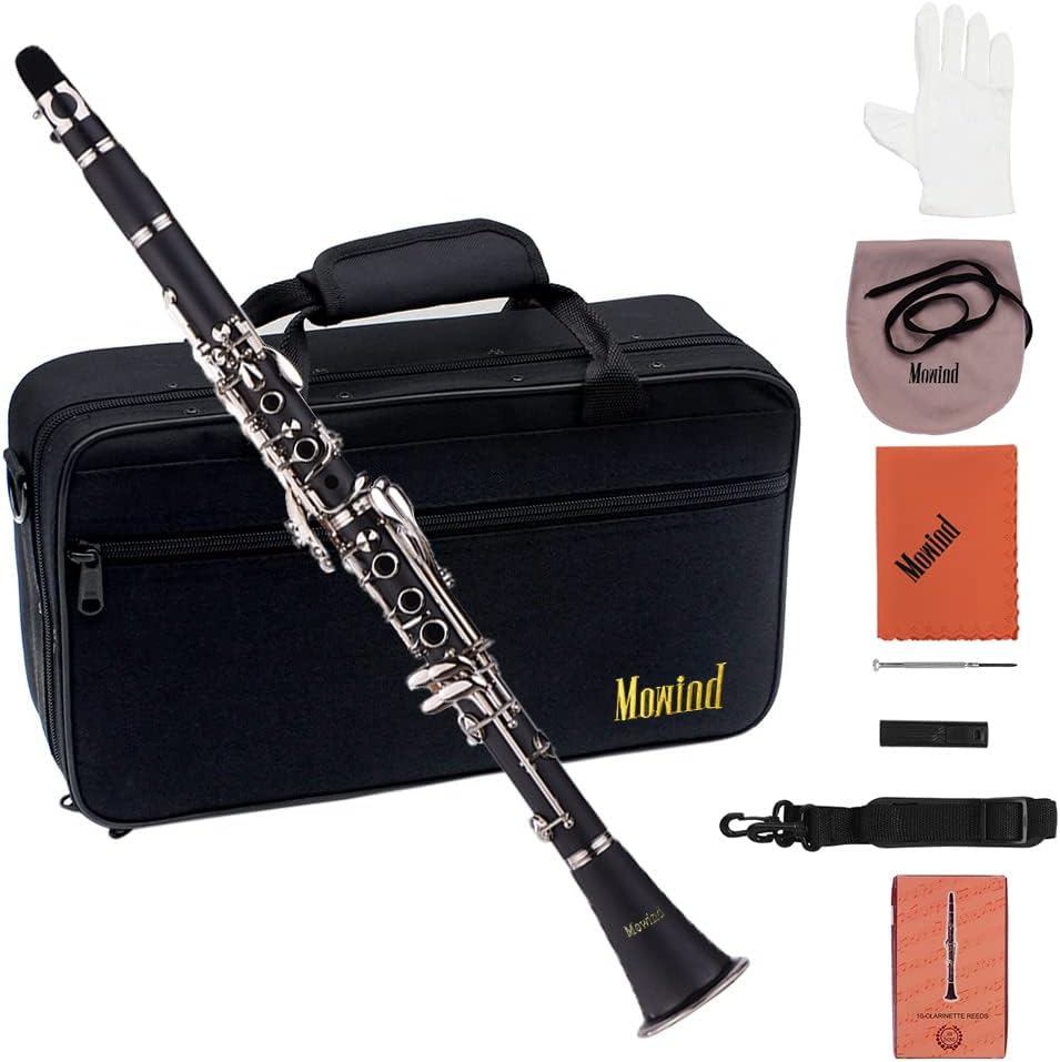 Bb Flat Clarinet - 17 Key Beginner Student Woodwind Instrument with 2 Barrels and Carry Case, Includes Cleaning Kit