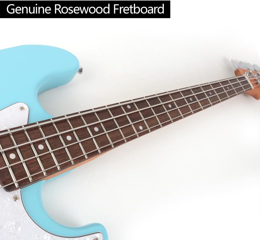 Fojill Full Size Standard Electric Bass Guitar Four 4 String Right Hand Handed Basswood Body Roasted Canadian Maple Neck Genuine Rosewood Fretboard Fingerboard with Gig Bag (Blue)