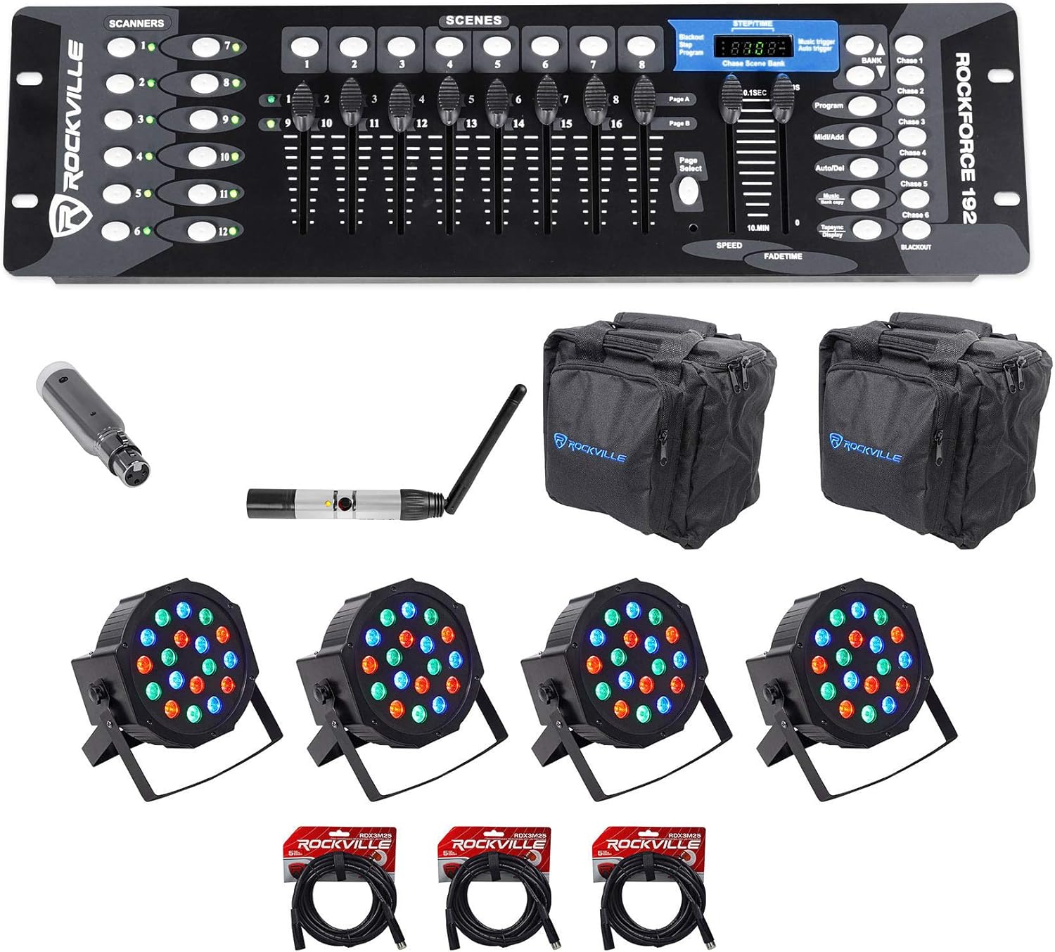 Rockville RockPAR50 Bundle: (4) RGB LED Par Can Wash Lights, ROCKFORCE 192 Lighting Console, DMX-WTR Wireless Transmitter, DMX-WRE Receiver, (2) RLB90 Travel Bags, (3) RDX3M25 3-pin Cables, 12-Items