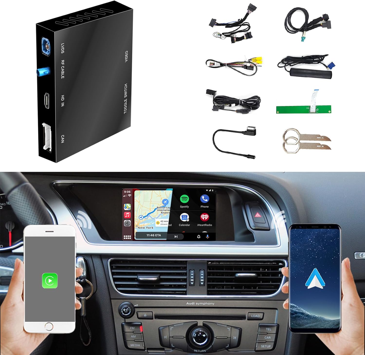 Wireless CarPlay + Android Auto + Mirroring Retrofit Kit, Compatible with Audi A4 A5 Q5 NO-MMI Symphony Concert Radio 2009-2019, Support Backup Camera Extension, USB Playback