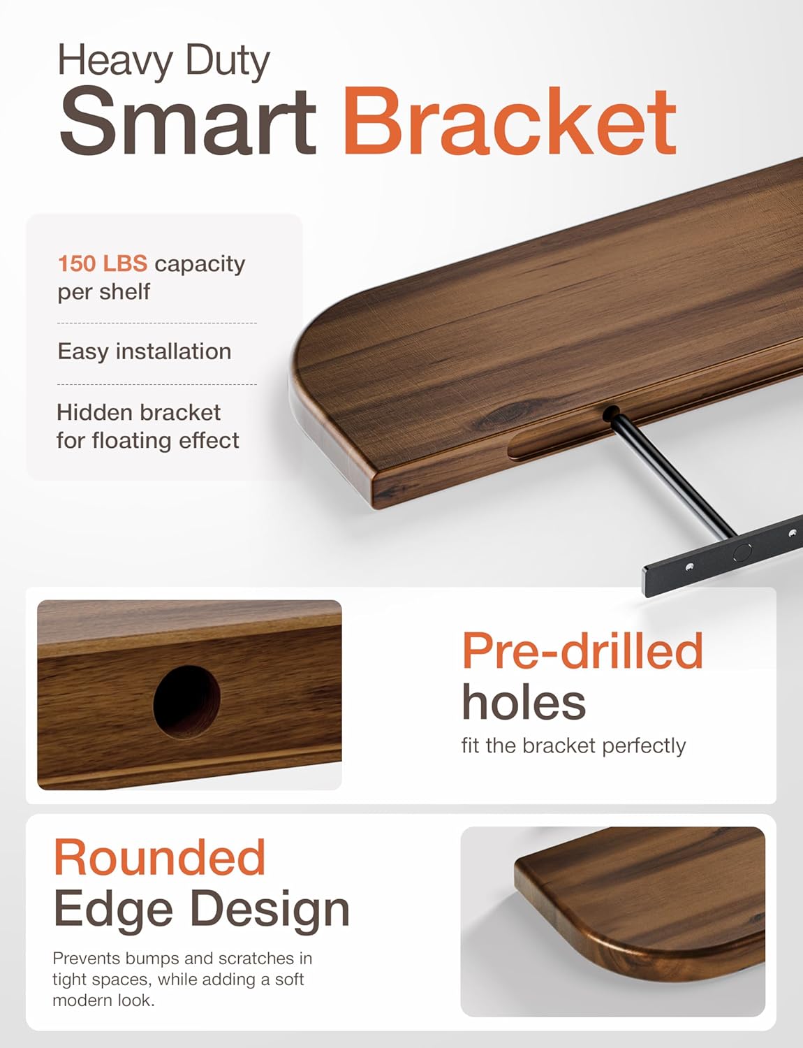 BATODA Set of 2 36” Acacia Floating Shelves for Wall (Round Edge) - Floating Bookshelf Wall - Storage Wood Shelves for House Decor, Kitchen, Bathroom - Brackets and Hardware Included (Walnut Color)