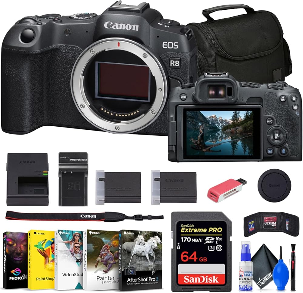 Canon EOS R8 Mirrorless Camera (5803C002) + 64GB Memory Card + Corel Photo Software + Bag + Charger + LPE17 Battery + Card Reader + Flex Tripod + Memory Wallet + Cleaning Kit (Renewed)
