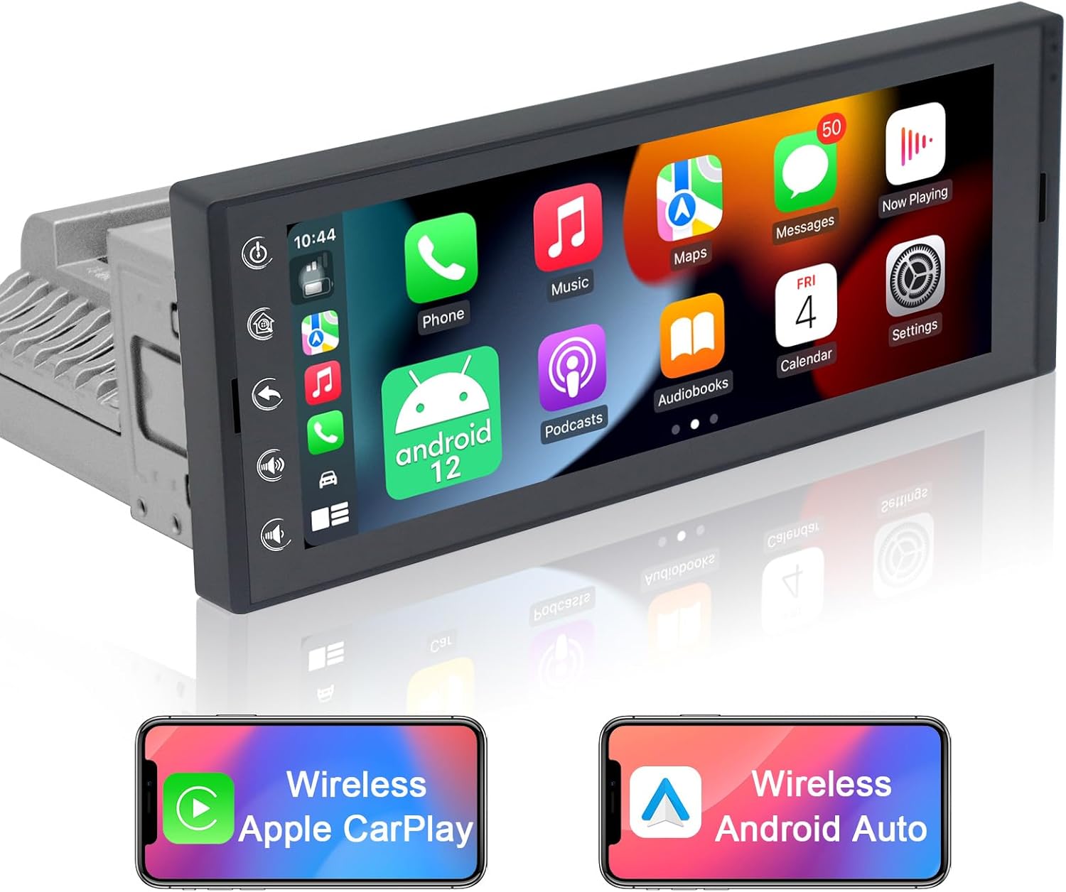 6.9 Inch Single Din Car Stereo with Wireless Apple CarPlay & Wireless Android Auto, Single Din Touchscreen Radio, Android 10 Multimedia System, GPS, Bluetooth, WiFi, FM, SWC, USB
