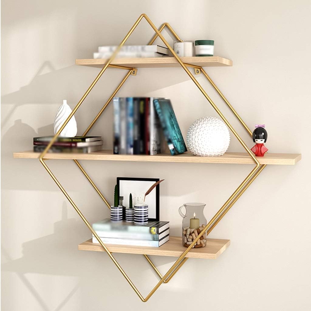 JOCHEN Wall Shelves Wrought Iron Wall Mount,Floating Shelves, 3 Tier Geotric Diamond Wall Shelves, Wood and tal Art