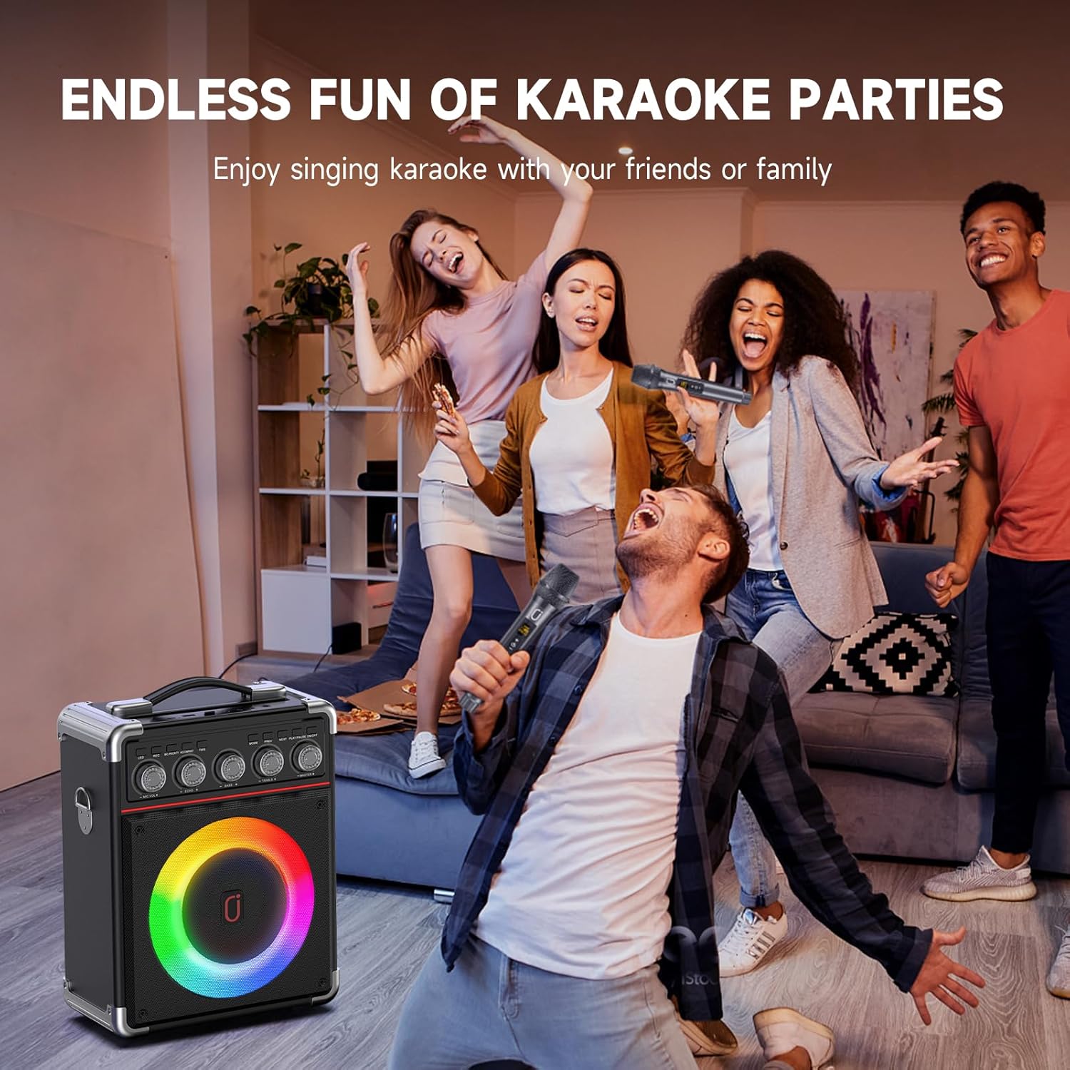 Karaoke Machine with 2 Microphones: HWWR Portable Karaoke Machine for Adults Kids, Eco-Friendly Reusable for Home Party Bluetooth Speaker with Bass/Treble Adjustment, Support REC/USB/AUX