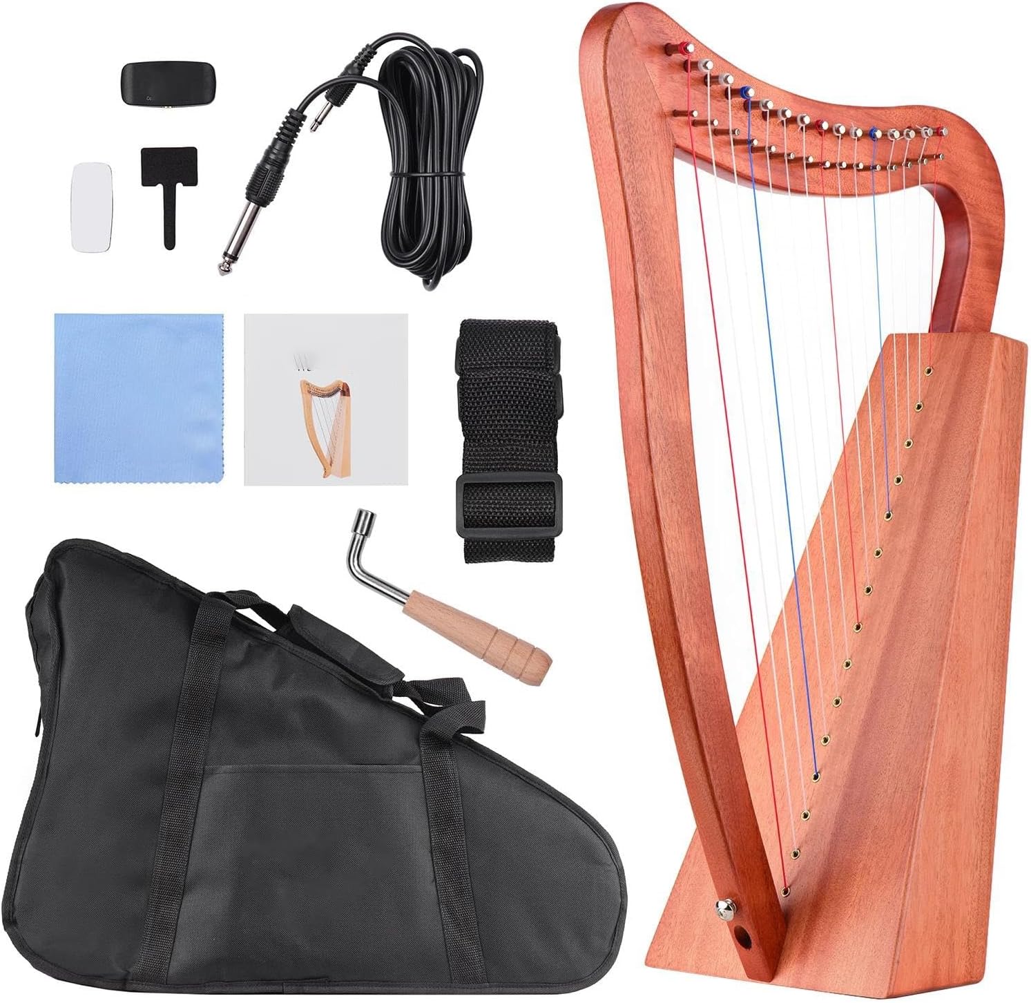 Lyre Harp Set 15-String Lyre Harp Wooden String Instrument With Bag Strap Cloth Tuning Wrench Pickup For Beginners