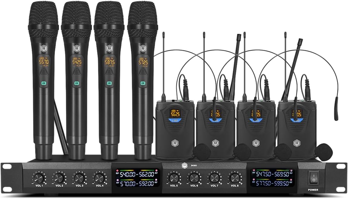 W IN-MIX UHF Wireless Microphones System with 4 Cordless Handheld and 4 Headset/Lavalier Lapel Mics, Bodypack Transmitter, Receiver, 165ft Range for Singing Karaoke Church Party