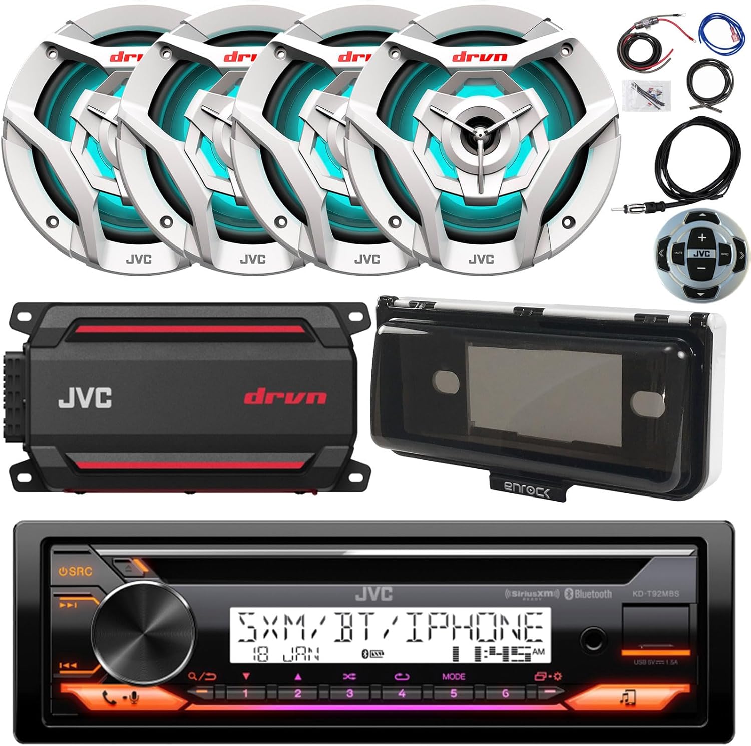 Single DIN Marine Bluetooth USB AUX AM/FM CD Player Receiver Bundle with 4X 6.5 260W 2-Way White Boat Speakers with Multicolor LEDs, 4-Channel Amp w/Install Kit, Wired Remote, Radio Shield, Antenna