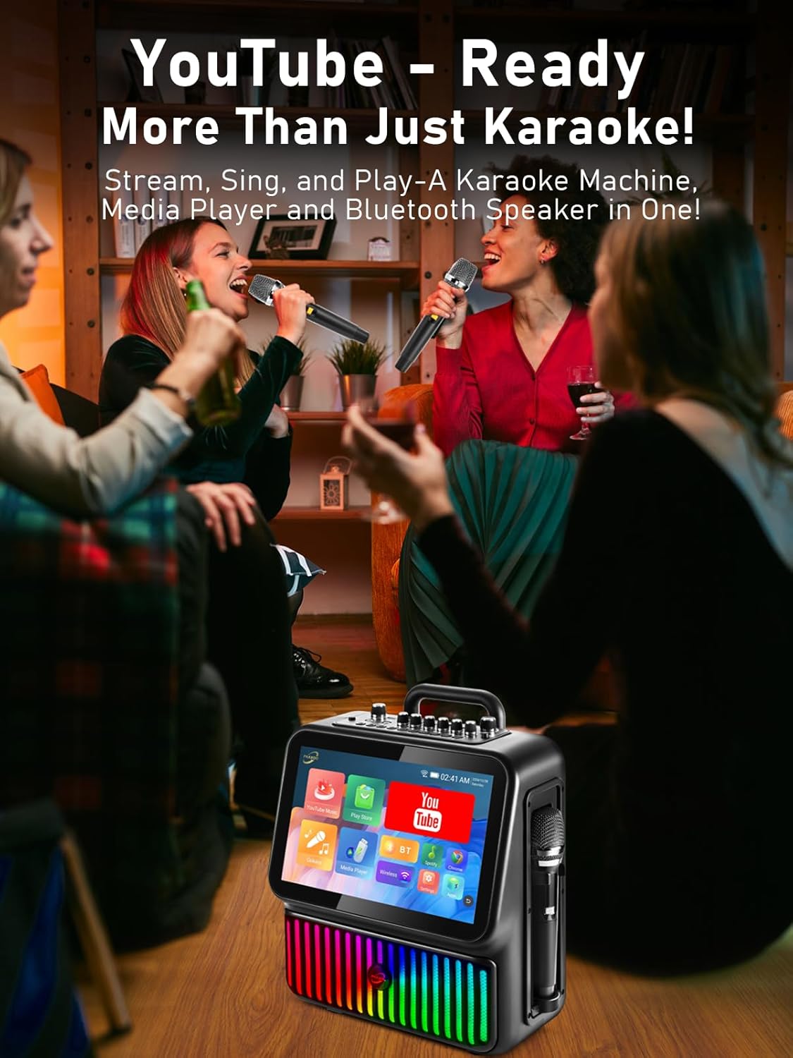 Smart Karaoke Machine, Bluetooth Karaoke Speaker with 2 Wireless Microphones，DJ Lights for Home Party Gathering, Karaoke Microphone Wireless PA System Supports