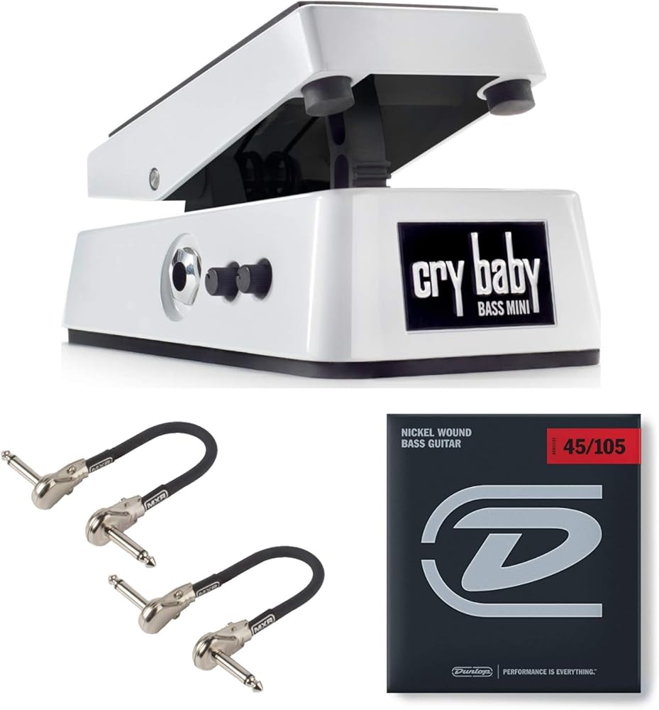 Dunlop CBM105Q Cry Baby Mini Bass Wah Pedal Bundle with 2 MXR Patch Cables and Dunlop Nickel Wound Bass Strings (Medium .045–.105)