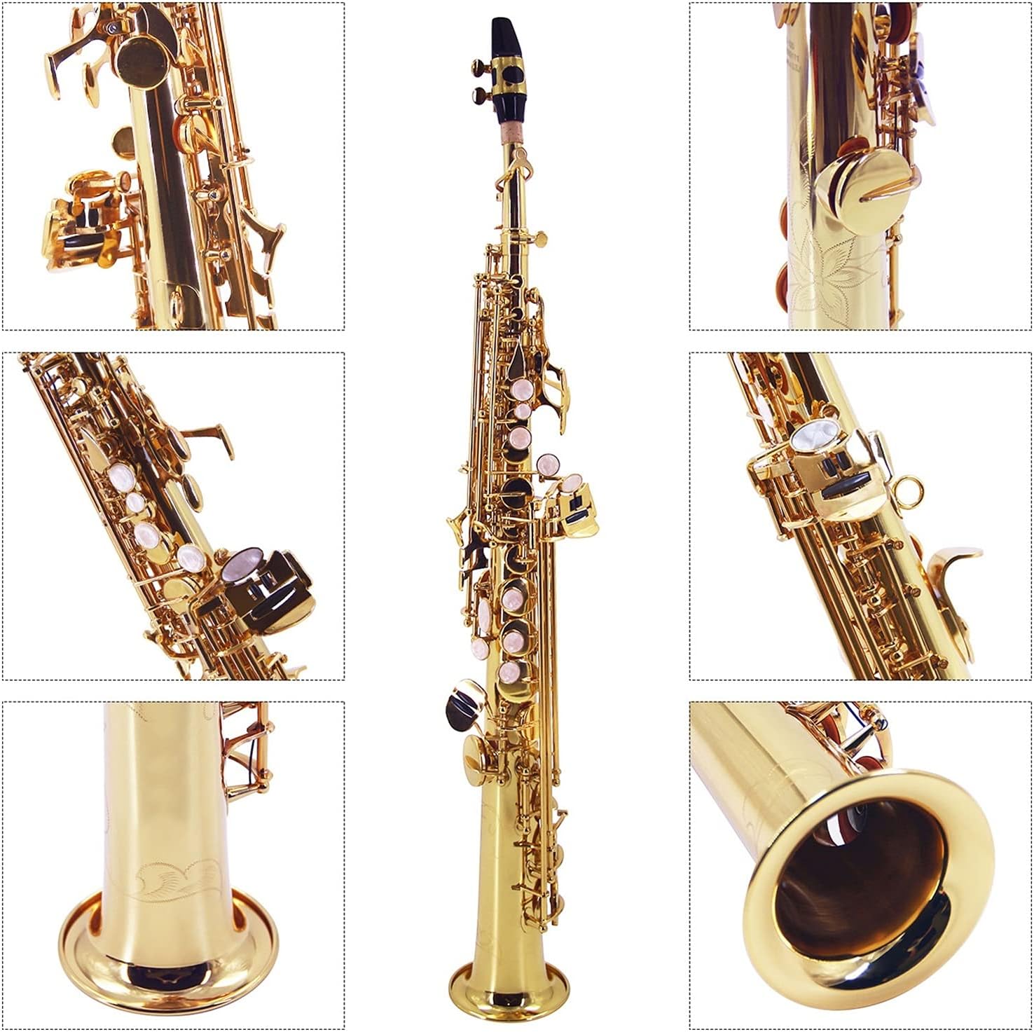Straight Bb Saxophone Brass Saxophone Gold Lacquer Woodwind Instrument with Carrying Case Reed Brush Cleaning Cloth Student Saxophone