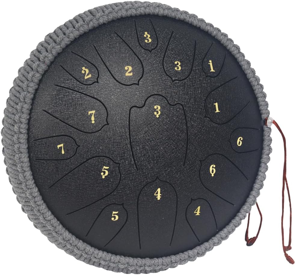 Steel Tongue Drum 12 Inches 15 Notes Musical Instruments, D Major Percussion Instrument with Soft Bag, Music Book and 2 Mallets for Meditation (black)