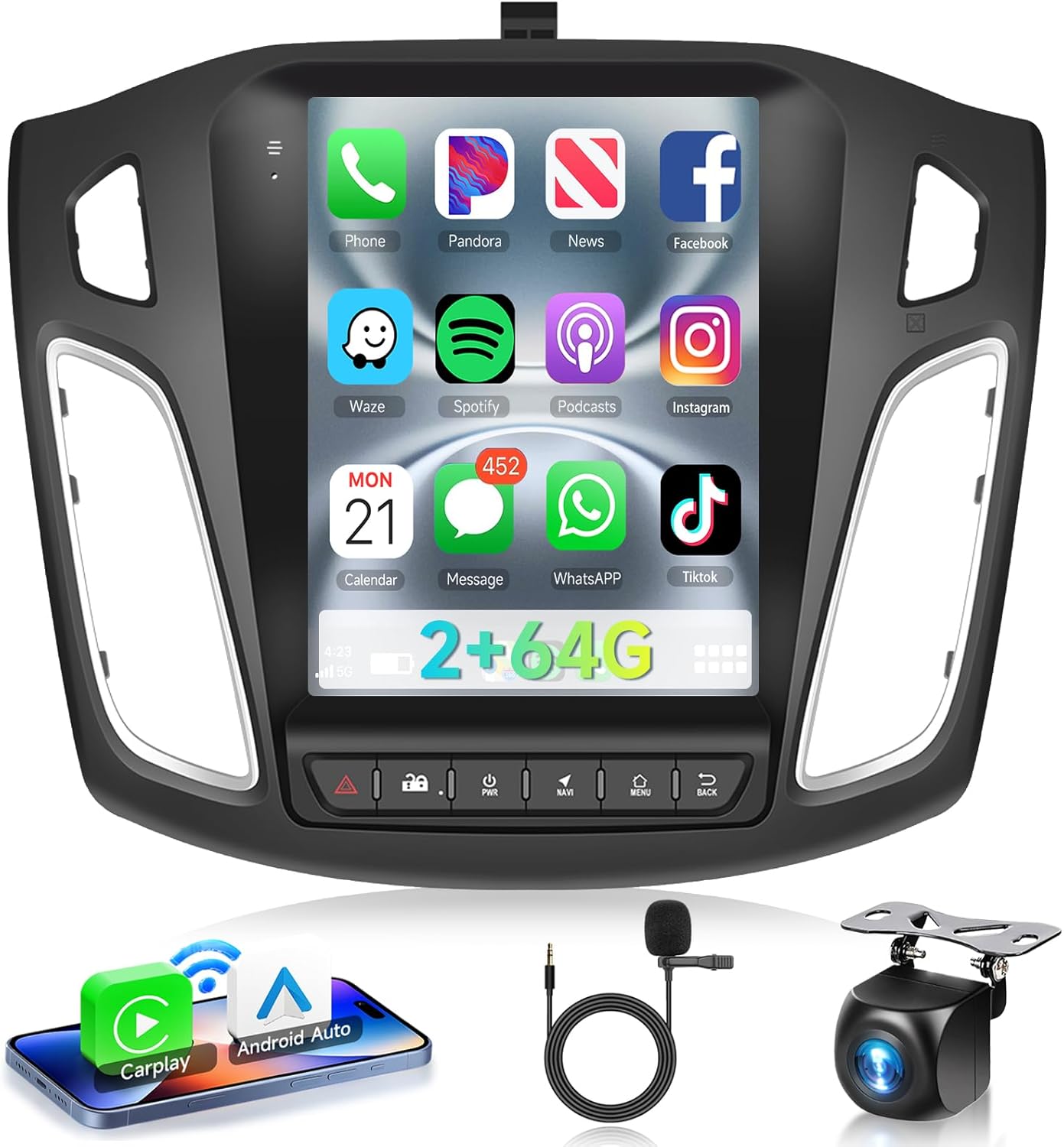 2G+64G Android 13 Car Stereo Radio for Ford Focus 2012-2018 with Wireless CarPlay/Android Auto, 9.7 inch Touch Screen Head Unit, GPS Navigation WiFi Bluetooth SWC HiFi Audio HD Backup Camera