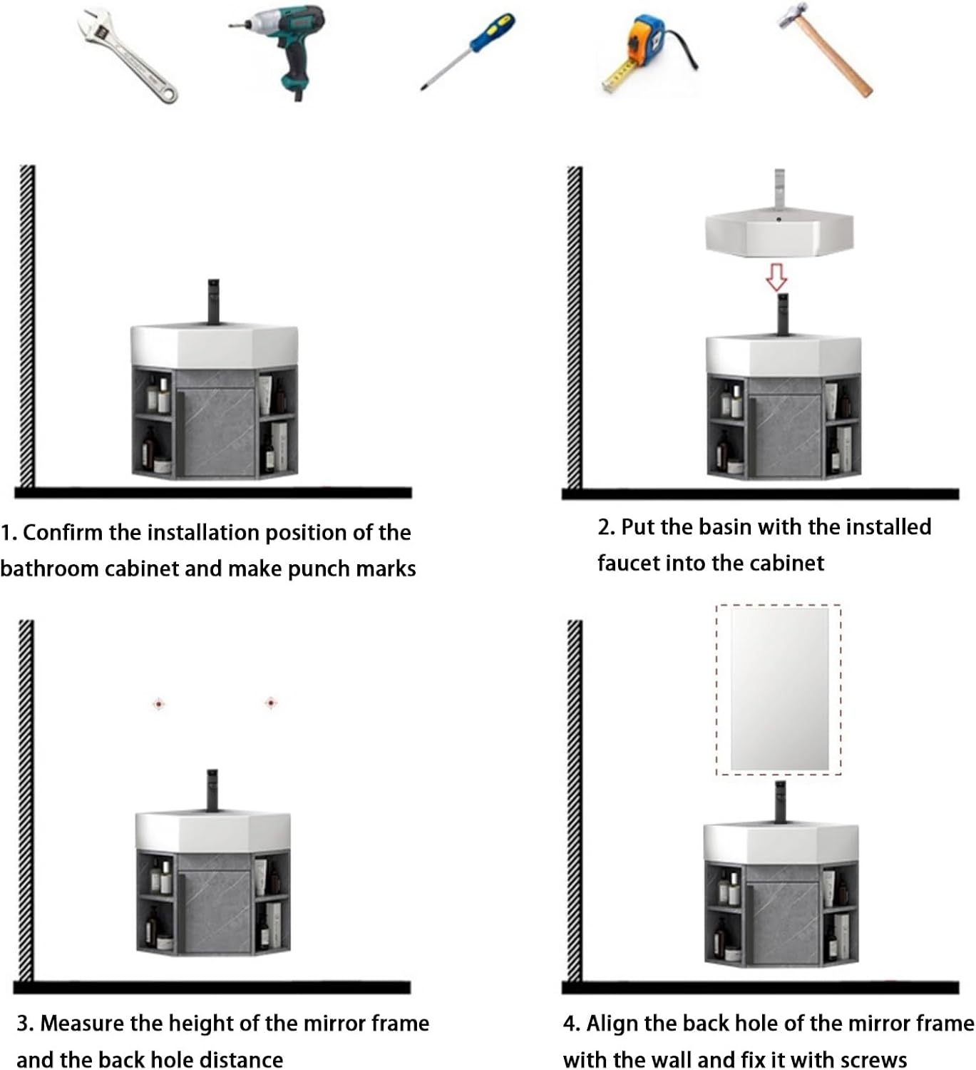 Corner Wall Mount Bathroom Sink, Corner Bathroom Vanity, Bathroom Sink Cabinets, Ceramic Corner Sink with Storage Container and Mirror Cabinet, for Kitchen Bathroom Lavatory(Gray,45cm/17.7in)