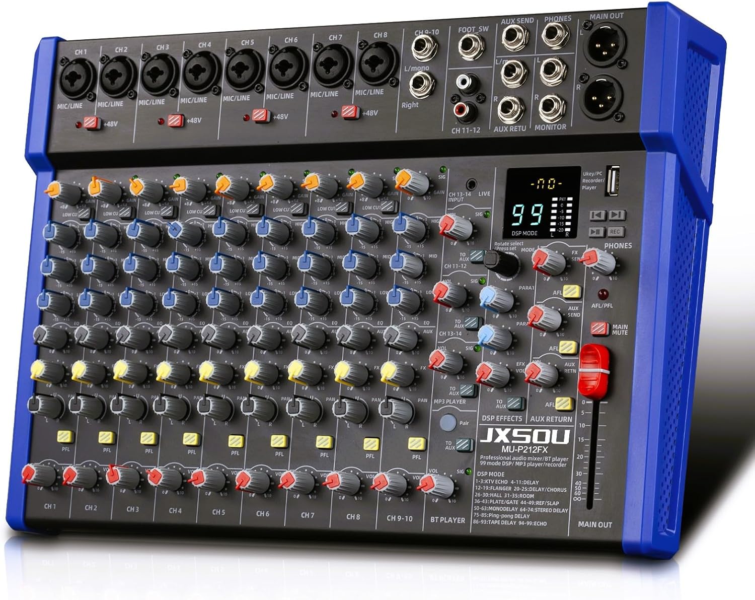 14-Channel Audio Sound Mixer Board, Bluetooth Studio Mixing Console XLR Microphone Jack 99 DSP DJ Mixer Audio Reverb Effect +48V Phantom Mixer For Karaoke Studio Streaming Recording