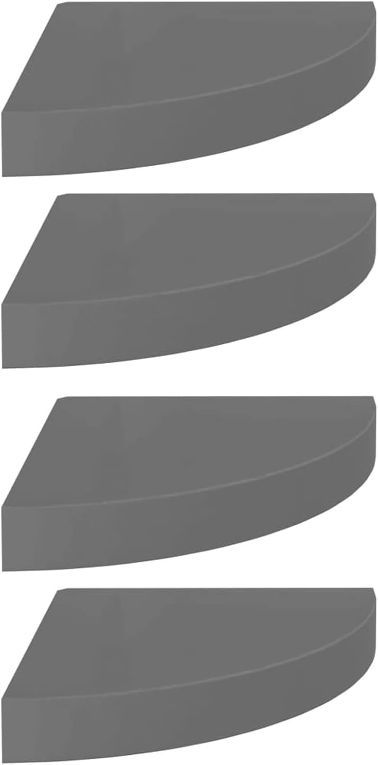 4 pcs Floating Corner Shelf High Gloss Gray, Wall Mount Round End Floating Shelf Display Shelf Storage for Bathroom Bedroom Kitchen Living Room Office 9.8