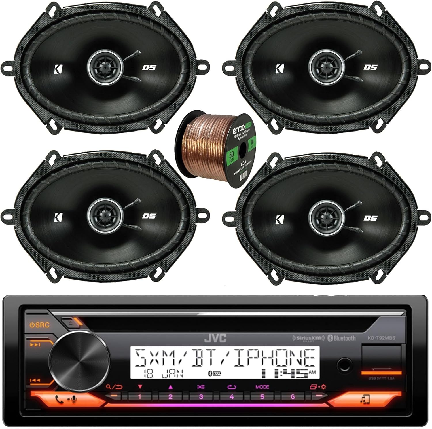 JVC Single DIN Marine Motorsports Bluetooth USB AUX AM/FM Stereo CD Player Receiver with Kicker 6x8 200 Watt 2-Way Car Audio Speakers (Qty 4), 50 feet 16-Gauge Speaker Wire