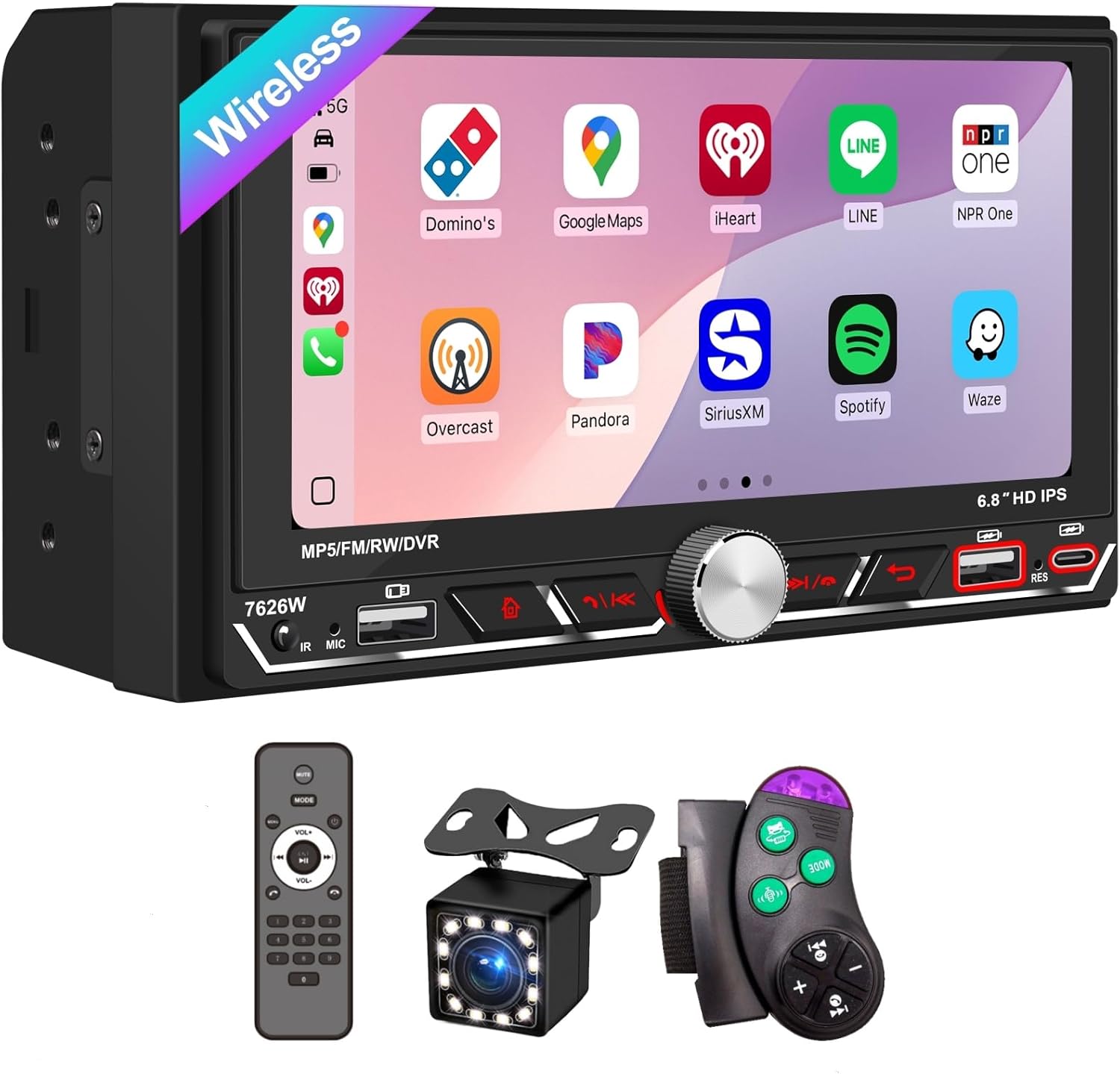 Wireless Apple CarPlay,Double Din Car Stereo,Bluetooth 5.2,FM AM Car Radio,HD 1280*600 Display,6.8