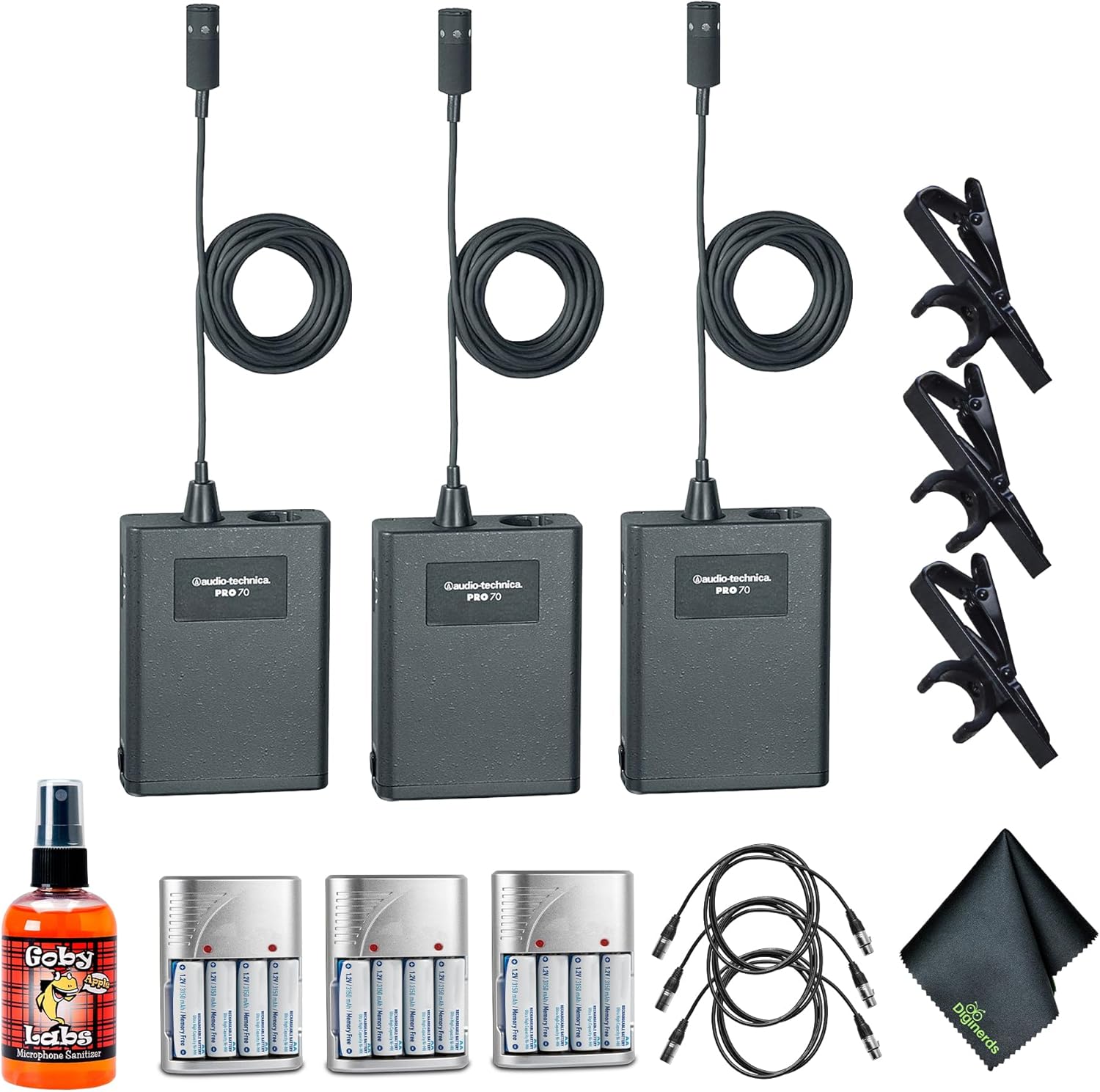 Audio-Technica Pro 70 Cardioid Lavalier Microphone (Pack of 3) + Goby Labs Microphone Cleaner + Pack of 3 10 Ft XLR Cable + Pack of 3 4xAA Batteries with Charger + More